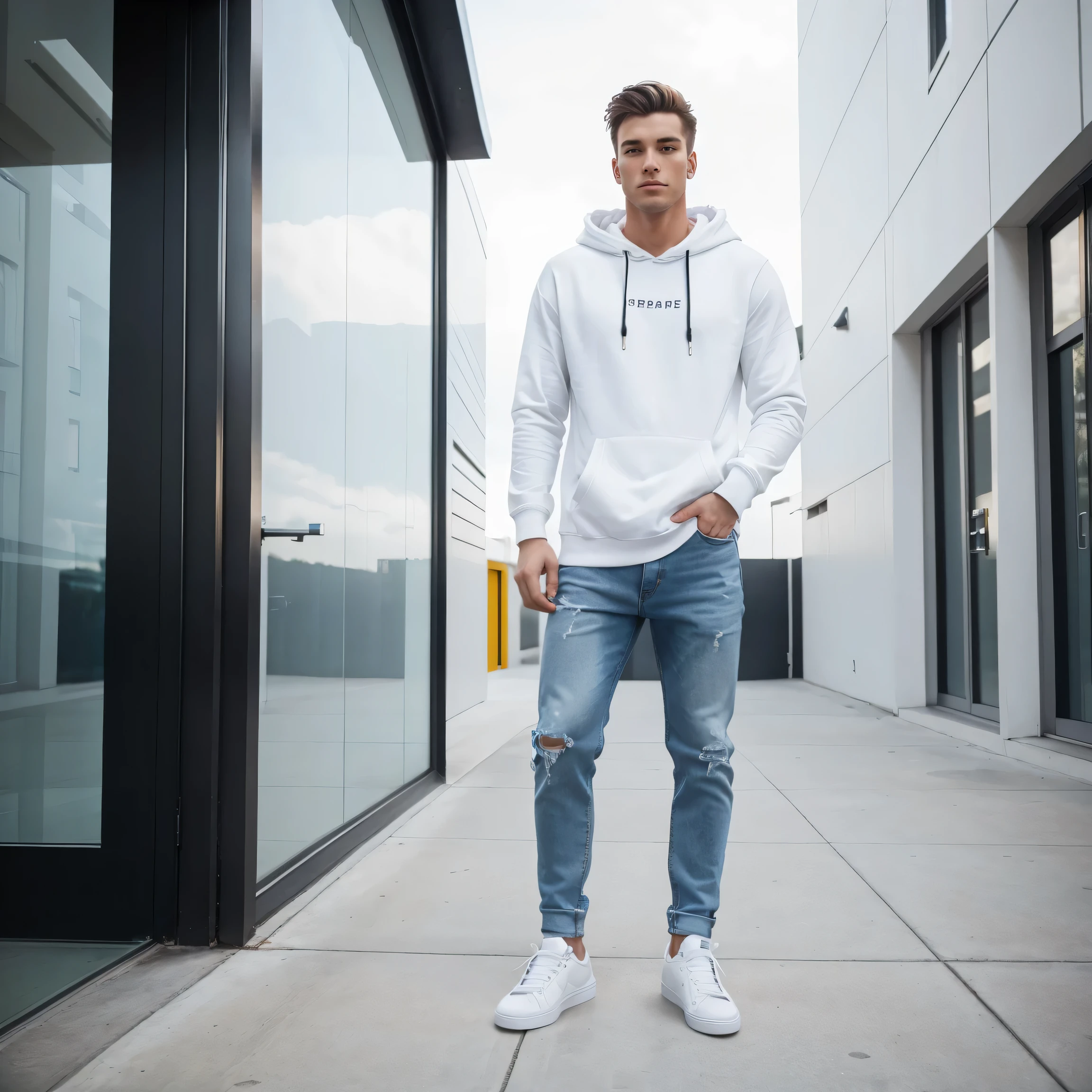 male model, modern building, white sneakers, casual outfit, black hoodie, jeans, posing for picture, photoshoot, natural, white skinned men