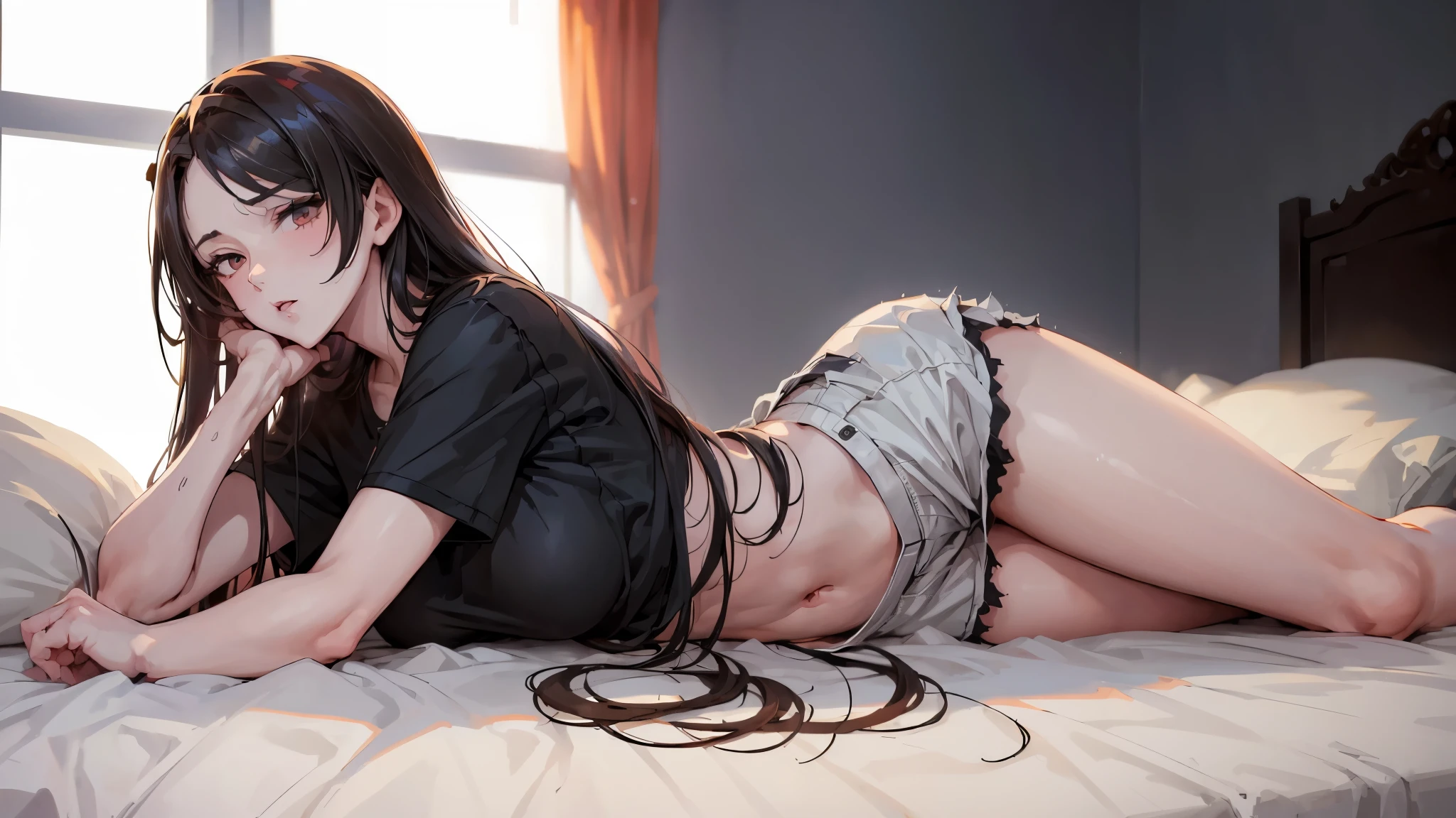 (woman in shorts and a T-shirt lies on the bed), Girl lying on her stomach, legs crossed, whole body, sexy black panties, black T-shirt, (Translucent T-shirt), Black lace, black stockings, anime style, professional artwork, complex parts, field of view, Sharp Focus, Photorealistic lighting, skintight, Side_orgasm, long black hair, very long hair, pomade, 30 years, mature woman, Beautiful long legs, beautiful body, Beautiful character design, perfect detail eyes, идеальное face, nsfv, formal art, extremely detailed CG Unity 8k wallpaper, perfect lighting, bright_FRONT_face_Light masterpiece: 1.0), (Best_Quality: 1.0), сверхa high resolution, Ultra detail, Hyper detail, photographic, 8K, HDR, a high resolution, absurd: 1.2, Kodak Portrait 400, granularity , blurred background, hips: 1.2, highlight correctly_color: 1.2) (Beautiful_face: 1.5), (narrow_waist), (solo: 1.4), ((Upper body, half of the body:1,4)),