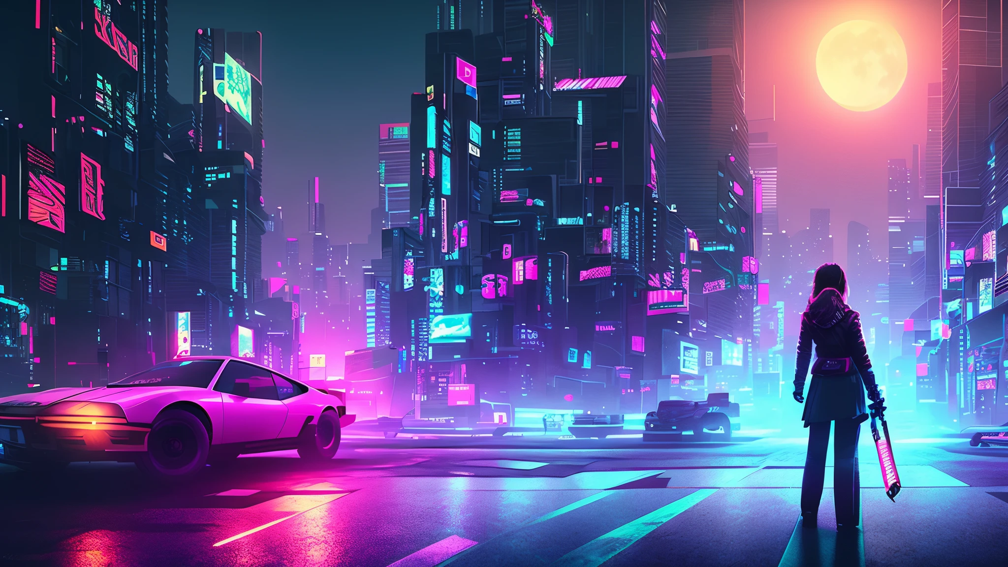 ,1girl, solo, girl, futuristic outfit, neon samurai, very cute cyberpunk samurai, cyberpunk samurai, ghost blade style, victo ngai cyberpunk style, cyberpunk neon style, cyberpunc, cyberpunk neon, technomancer, video game character, synthwave image, cyberpunk voodoo, neon glow concept art, moon, flashlight, night, solo, outdoor, sky, full moon, rain, mountain, cloud, paper lantern,  night sky, bangs, tree, reflection, overcast sky, {{(masterpiece),(extremely detailed CG unit 8k wallpaper), best quality, solo, cinematic lighting, detailed background, beautiful detailed eyes, bright pupils, (an extremely delicate and beautiful), (beautiful and detailed eye description), ultra-detailed, masterpiece,}}, detailed eyes, beautiful eyes, realistic eyes, pleasant eyes, perfect eyes