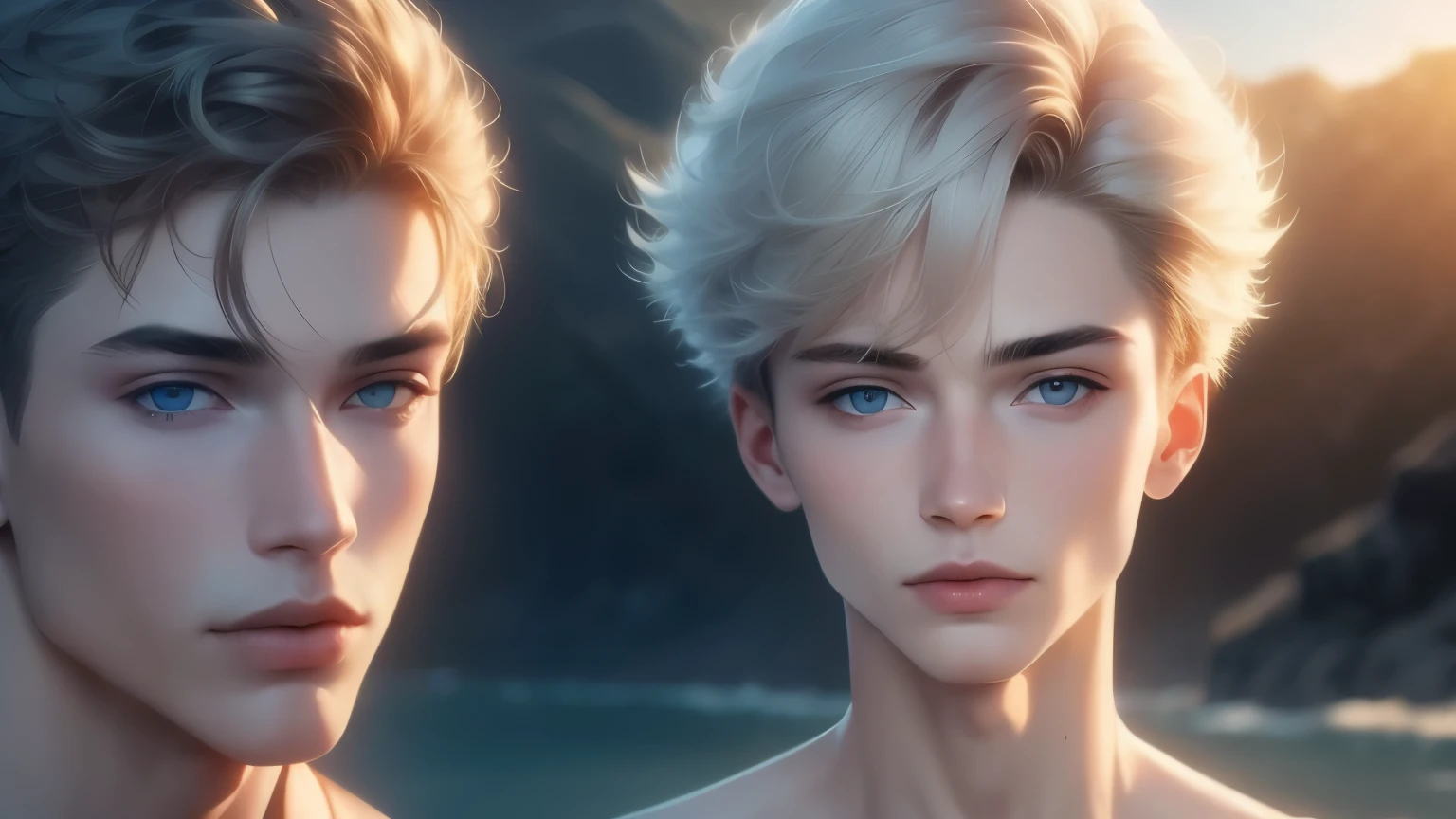 A very detailed photograph of a white boy.., Ojos azules, peinado rubio moderno degradado lateral, rostro limpio y sin imperfecciones, Looking in front of the camera, cuerpo ectomorfo, delgado, marcado, no voluminoso, shirtless, elegante, attraction, con mirada traviesa, serious expression, en un hermoso lugar de grandes dunas, beautiful lighting. Hyper realistic, hiperdetallado, 4k, playa paradisiaca, con una cascada de fondo y un lago
