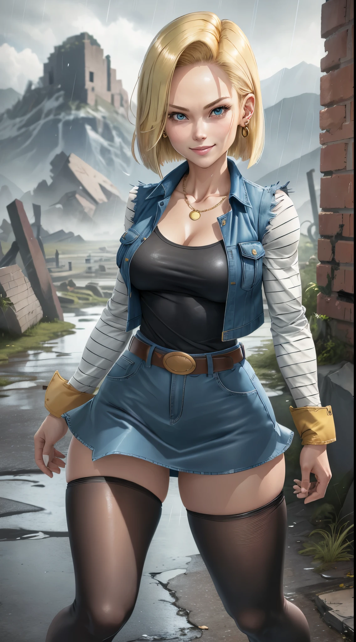 best quality, highres, and18, 1girl, android 18, solo girl, 1girl, blonde hair, blue eyes, belt, boots, tight blue denim skirt, gold necklace, black shirt, short hair, long striped sleeves, earrings, open vest, denim vest, small breasts, cowboy shot, mountains, straight-on, (weather: raining and windy), wet crotch, sexy smile, combat stance, full length pantyhose, battle ruins, wide hips, thick legs, torn clothes, closed fists, upskirt, ((from below)), skirtlift, ((nsfw)), MangaHentaiStyleConceptv2