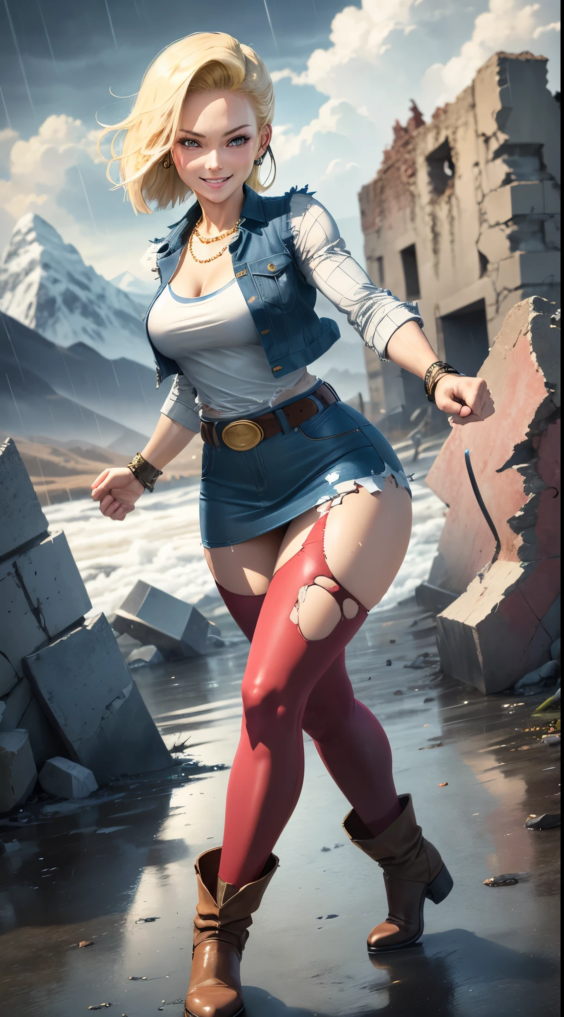 best quality, highres, and18, 1girl, android 18, solo girl, 1girl, blonde hair, blue eyes, belt, boots, tight blue demin skirt, gold necklace, black shirt, short hair, long striped sleeves, earrings, open vest, denim vest, medium breasts, cowboy shot, mountains, straight-on, (weather: raining and windy), wet body, sexy smile, combat stance, full length pantyhose, battle ruins, wide hips, thick legs, torn clothes, closed fists, striped panties, torn skirt showing panties,