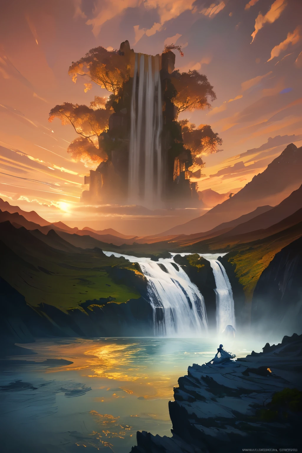 magic, beautiful, super detailed, 8k, uhd, hdr, award winning, perfect composition, photo shoot, golden hour, perfect lighting, cinematic angle, dual tone, incredible eyes, incredible scenery, waterfall, floating hair, long dress