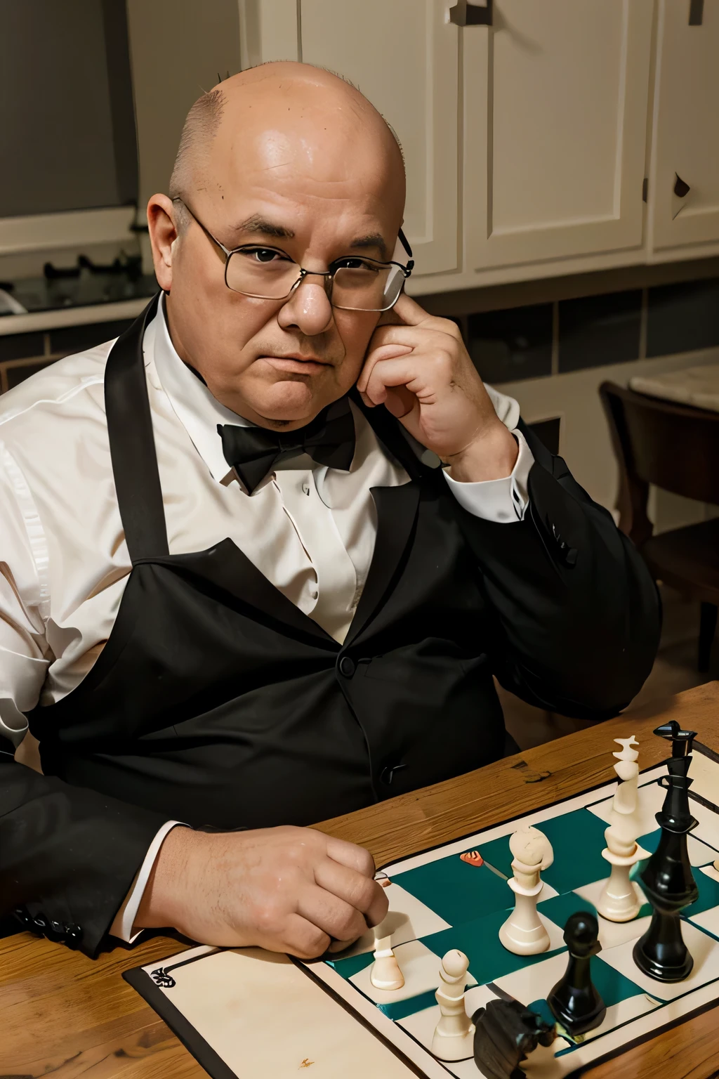 bald, elderly, fat man in tuxedo and bow tie, To wear glasses, I play chess, sitting at the table in the kitchen. 
