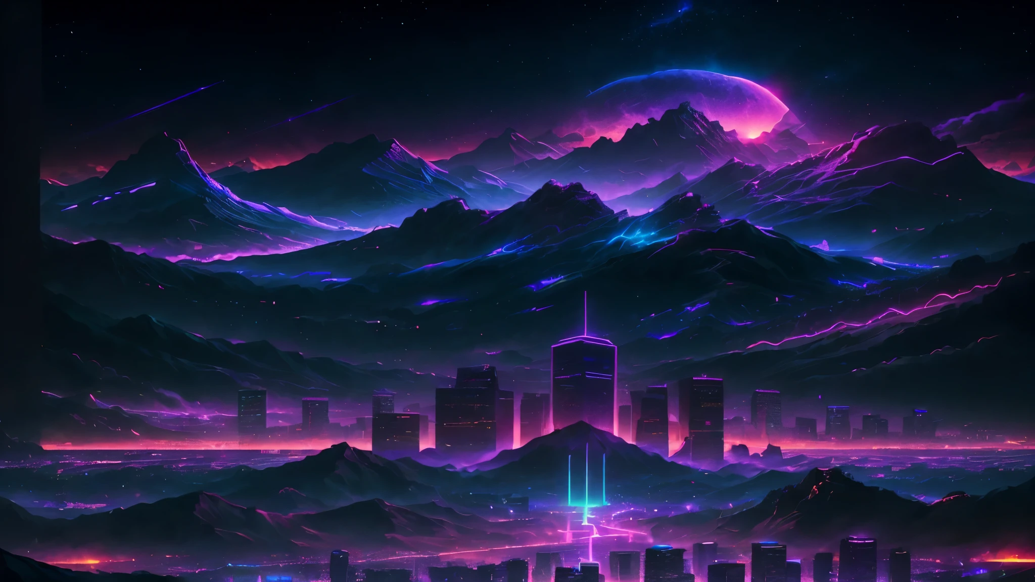 retrowave. distant city, purple neon lights, sun, mountain,
(masterpiece,detailed,highres),