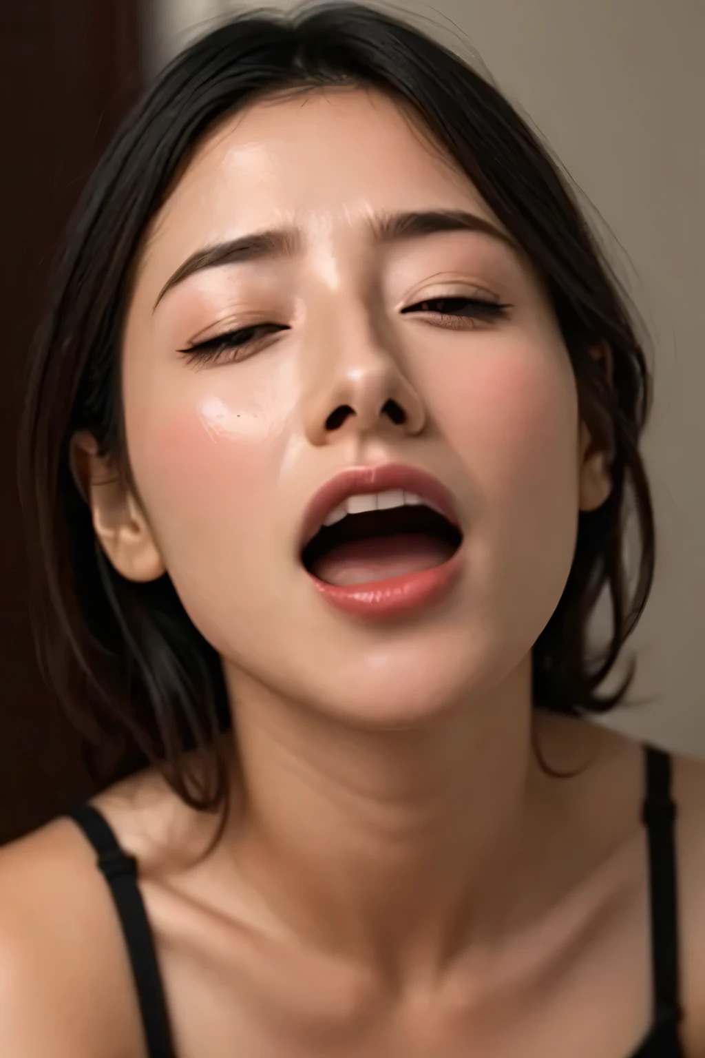 debris flies,Award-winning photo, very detailed, edge orgasm, woman with open mouth and closed eyes , skin shining with sweat、Illumination that emphasizes shiny sweat{{{spread }}}, black hair、NSFW,{{{{Crowd of male onlookers}}}},(elongated nostrils)、lighting from below、frowning expression