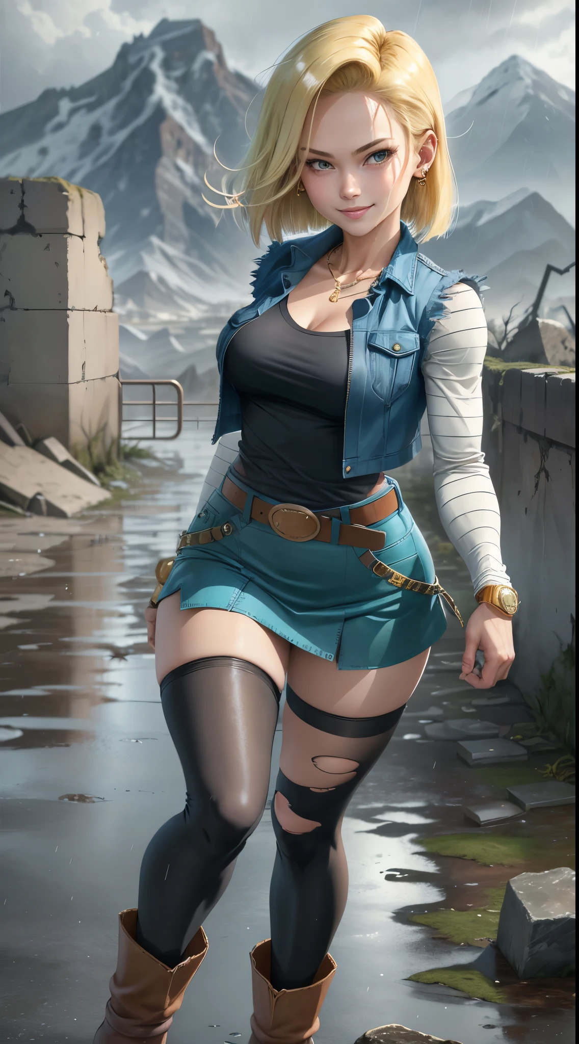 best quality, highres, and18, 1girl, android 18, solo girl, 1girl, blonde hair, blue eyes, belt, boots, tight blue demin skirt, gold necklace, black shirt, short hair, long striped sleeves, earrings, open vest, denim vest, medium breasts, cowboy shot, mountains, straight-on, (weather: raining and windy), wet body, sexy smile, combat stance, full length pantyhose, battle ruins, wide hips, thick legs, torn clothes, closed fists, striped panties, pulling up the skirt,