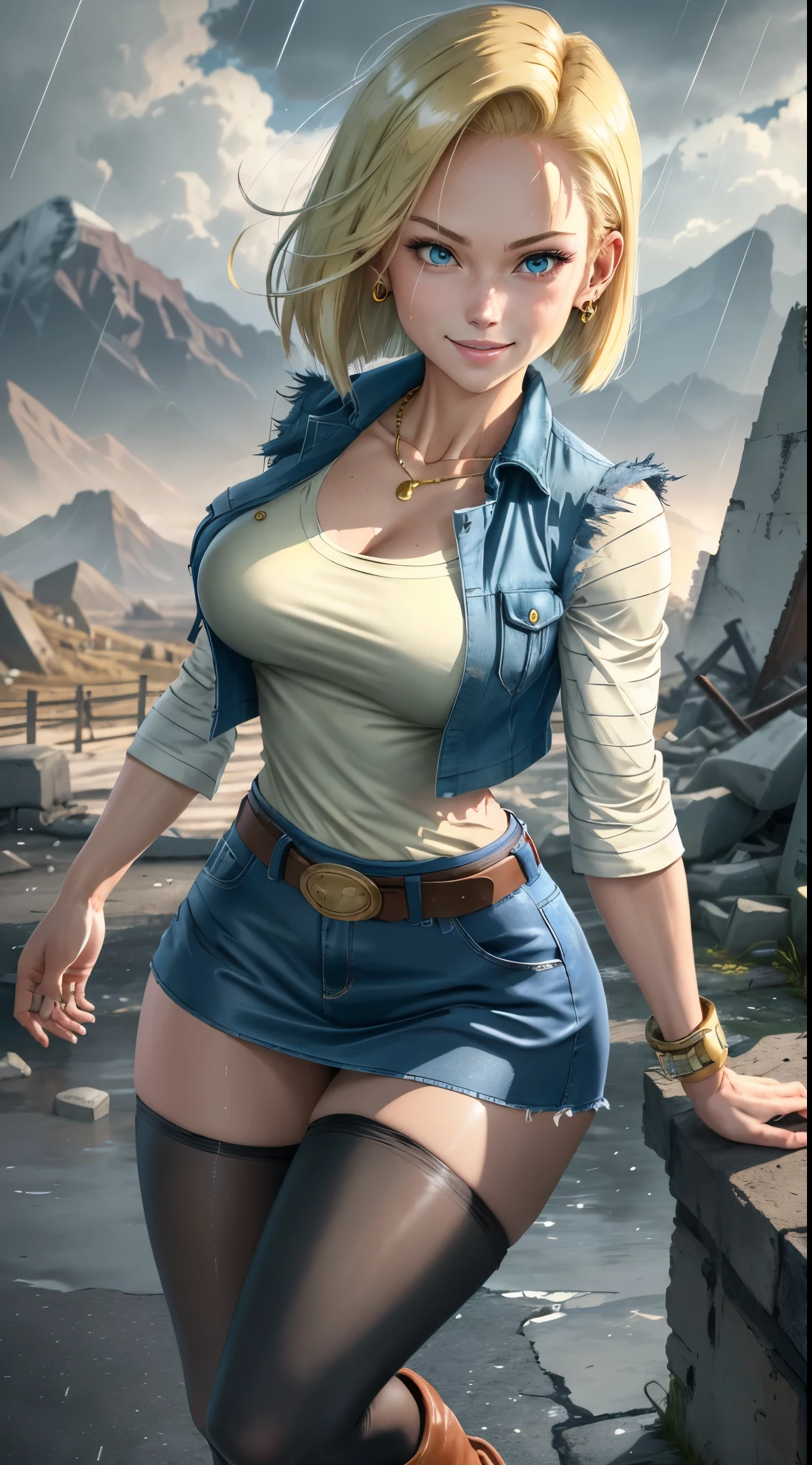 best quality, highres, and18, 1girl, android 18, solo girl, 1girl, blonde hair, blue eyes, belt, boots, tight blue demin skirt, gold necklace, black shirt, short hair, long striped sleeves, earrings, open vest, denim vest, medium breasts, cowboy shot, mountains, straight-on, (weather: raining and windy), wet body, sexy smile, combat stance, full length pantyhose, battle ruins, wide hips, thick legs, torn clothes, closed fists, striped panties, pulling up the skirt,