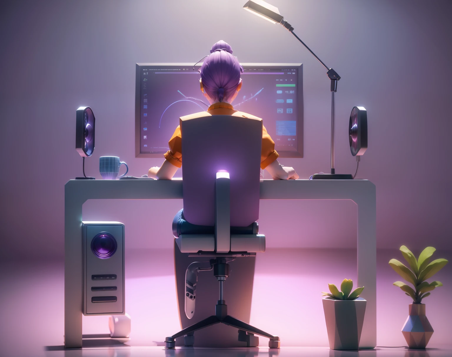 "(isometric perspective:1.5),(No estilo da Pixar:1.2), table lamp,mesa, janelas, 3D modeling, lilac background, global illumination, ray traced, HDR,Rendering,Rendering irreal,melhor qualidade,8k,pessoa negra"