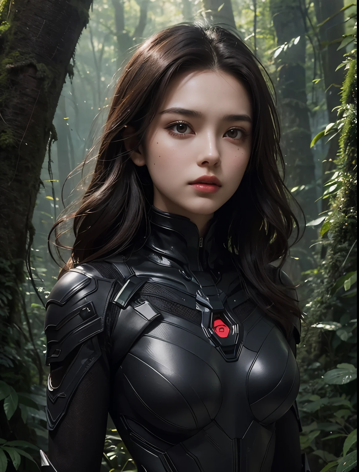 A beautiful woman. Twenty years old. Dark brown hair. A tense expression. She wears futuristic, skin-tight clothing in metallic black. She lives in a forest where primeval forest grows.