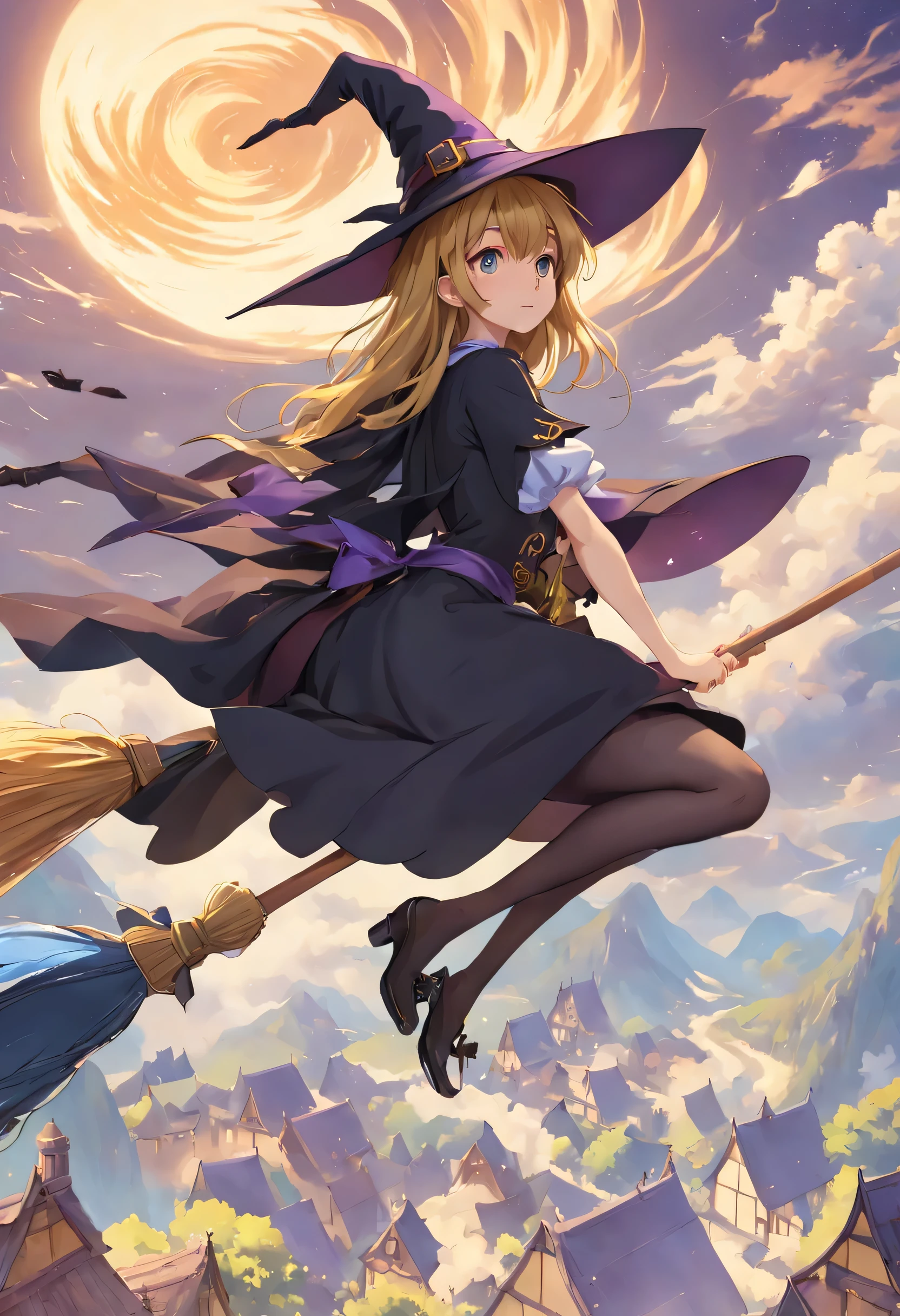 星空の下でwitchのほうきで飛んでいるキリサメサ,kirisame marisa, (masterpiece, highest quality:1.2),1 girl,perfect face,cute, ((((flying witch))),((Ride a broom)),broom flight,Straddling the broom,anatomically correct,masterpiece,highest quality,最高masterpiece,8K,,Wind,fantasy,,wonderful,, Mysterious, attractive, Whimsical, playful, adventurous, free, wonder, imagine, decide, skill, speed, movement, energy, realism, naturalistic, figurative, represent, beauty, fantasy culture, myth, fairy tale, folklore, Legend, witch, wizard, Magical creatures, fantasy worlds, composition, scale, Qianyoshi, midway point, background, perspective, light, color, texture, be familiar with, beauty, wonder.