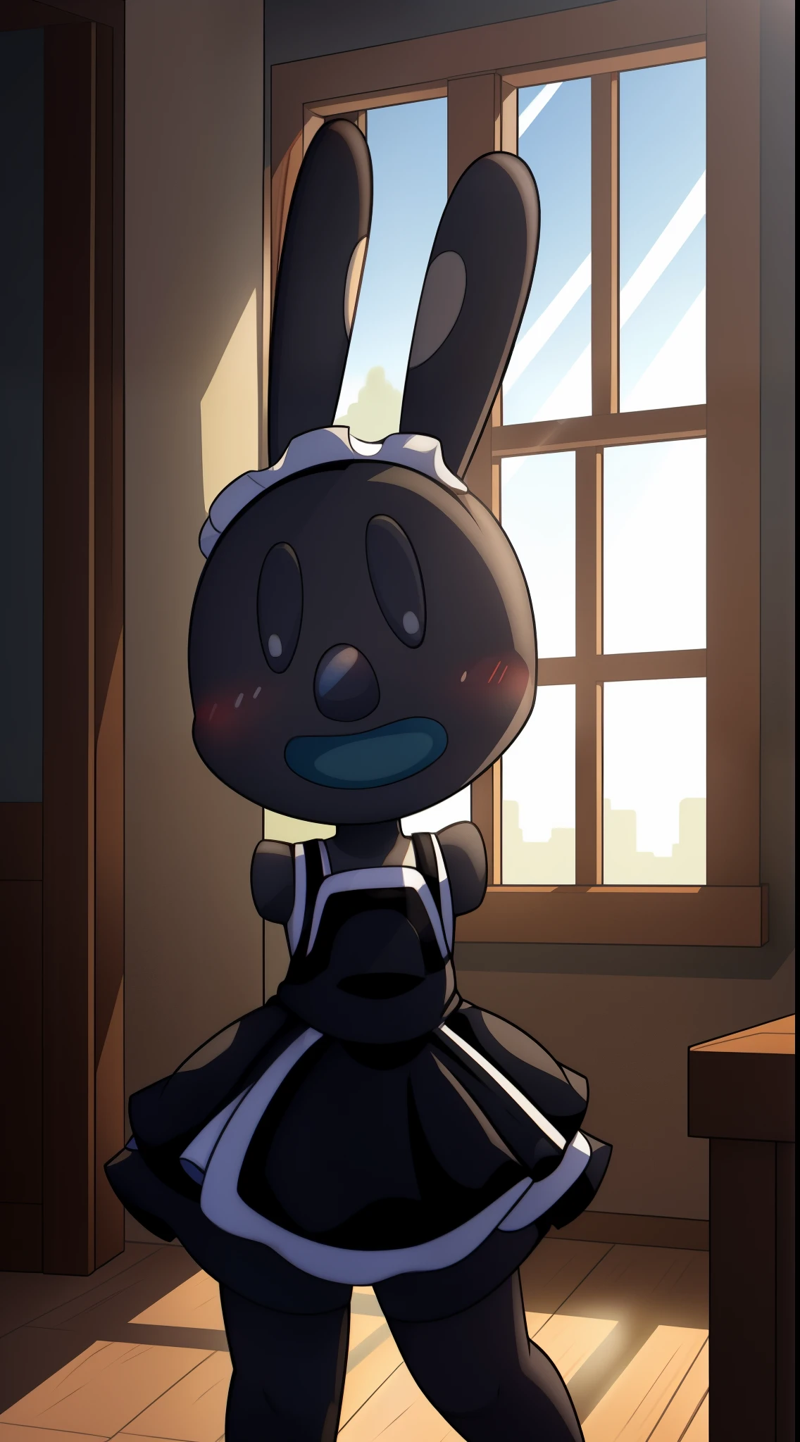 Oswald, armless, missing arms, no arms, black eyes, big and wide mouth, agape, white polka dots on ears, full body, maid dress, shy expression, expressive, blushing harder, dynamic angle, bedroom, window, sunrays, furniture, detailed art, intricate details