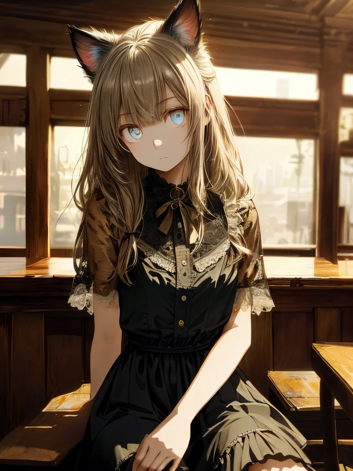 Very detailed wallpaper, Super detailed details, Detailed shadows, Very precise and detailed, Extremely detailed 8K wallpapers, Very beautiful 8KCG wallpaper. a girl sits down. His clothes were tattered,There are stains in many places. In a dimly lit bar,(best lighting, extremely delicate and beautiful),(best lighting, extremely delicate and beautiful), (Beautiful and delicate face), (Detailed eyes and detailed face:1.2), (depth of field), high contrast, cowboy shooting, whole body,Normal skin color,cat ears