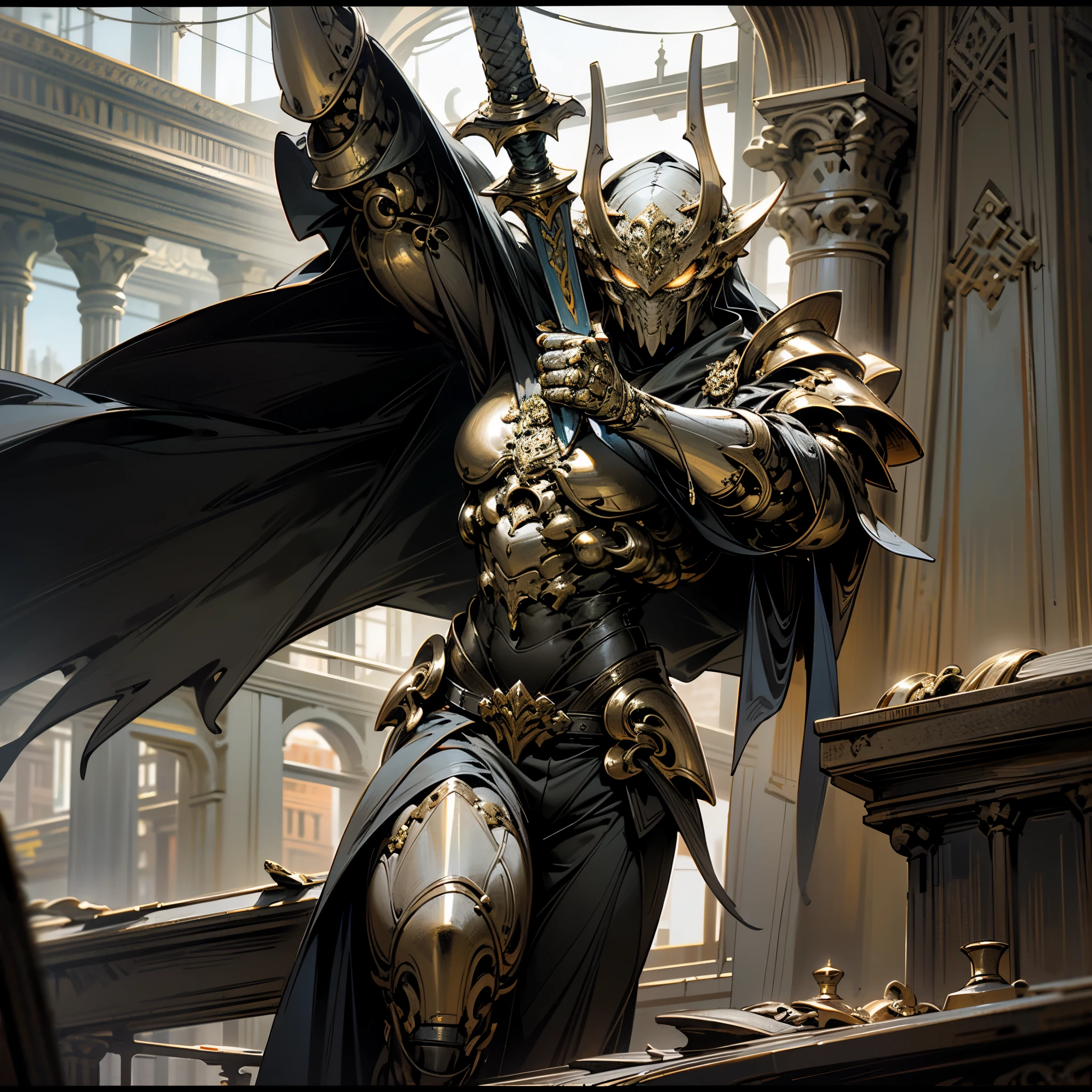 In the heart of an Ancient Kingdom, nestled among the ruins of a once-glorious castle, a majestic creature awakens. This ultra-detailed and photorealistic artwork presents a humanoid figure clad in ornate armor, its strong and muscular build reflecting the dignity of a legendary hero. With an intense gaze, the eyes of this noble figure gleam golden, an emotive contrast to the flowing cape that billows in the wind. In one hand, the hero wields an enchanted sword, its blade adorned with glowing runes, a symbol of his heroic destiny.

In his other hand, the hero clutches a shield