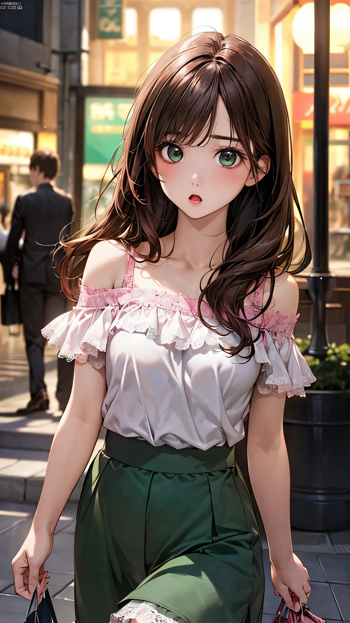 (masterpiece:1.2, top-quality), (realistic, photorealistic:1.4), beautiful illustration, (natural side lighting, movie lighting), nsfw, 
looking at viewer, 1 girl, japanese, high school girl, perfect face, cute and symmetrical face, shiny skin, 
(long hair:1.5, straight hair:1.4, wine brown hair), swept bangs, emerald greeneyes, long eye lasher, (medium breasts), slender, 
beautiful hair, beautiful face, beautiful detailed eyes, beautiful clavicle, beautiful body, beautiful chest, beautiful thigh, beautiful legs, beautiful fingers, 
((pink off-shoulder tops ruffled lace-up, white culottes)), 
(beautiful scenery), evening, (shopping mall), walking, (:o), 