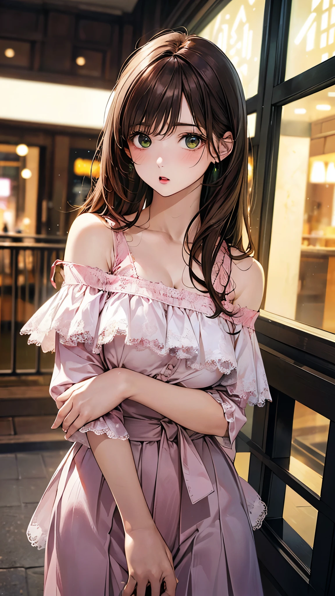 (masterpiece:1.2, top-quality), (realistic, photorealistic:1.4), beautiful illustration, (natural side lighting, movie lighting), nsfw,
looking at viewer, 1 girl, japanese, high school girl, perfect face, cute and symmetrical face, shiny skin,
(long hair:1.5, straight hair:1.4, wine brown hair), swept bangs, emerald greeneyes, long eye lasher, (medium breasts), slender,
beautiful hair, beautiful face, beautiful detailed eyes, beautiful clavicle, beautiful body, beautiful chest, beautiful thigh, beautiful legs, beautiful fingers,
((pink off-shoulder tops ruffled lace-up, white culottes)),
(beautiful scenery), evening, (shopping mall), walking, (:o),
