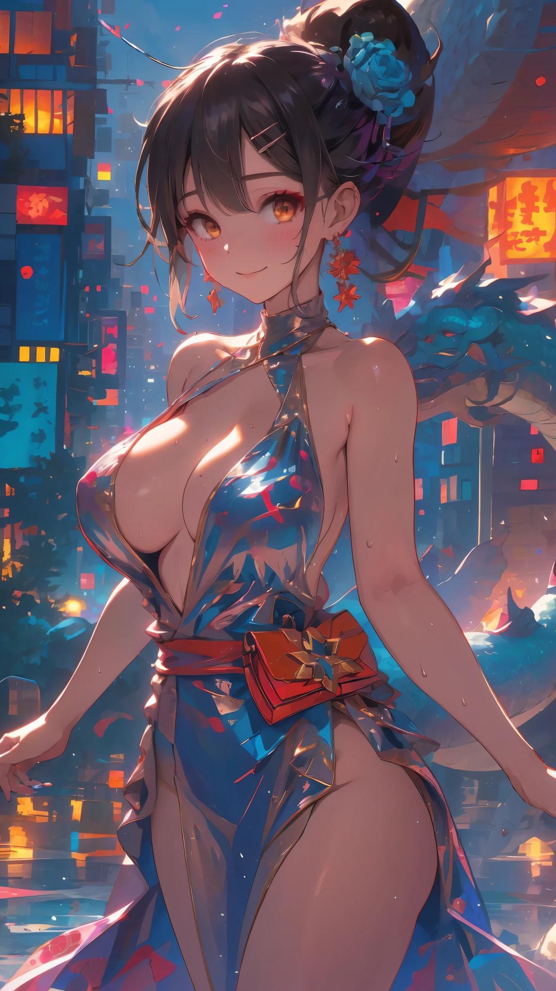 Dragon and girl,1girl,(Miyu Edelfelt),,cameltoe,black hair,brown eyes,seductive smile,solo,colored skin, jewelry, dress,bare thigh,necklace, bangs, hair ornament, bare shoulders, ponytail, halterneck, plunging neckline, sidelocks, halter dress, backless outfit, silver dress, nail polish, backless dress, solo, closed mouth, blush, bag, revealing clothes, earrings, hairclip, handbag, sweat, looking at viewer, evening gown, leaning forward, thighs, blue nails, (gigantic_breasts),(hanging breasts),(large areolae), official alternate costume, covered nipples, hair between eyes,, best quality, amazing quality, very aesthetic, absurdres,