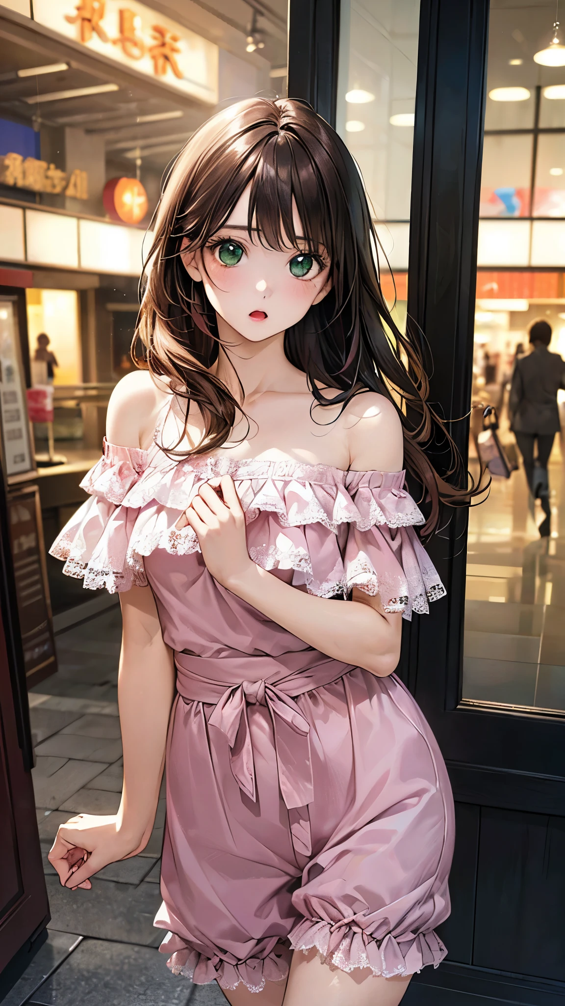 (masterpiece:1.2, top-quality), (realistic, photorealistic:1.4), beautiful illustration, (natural side lighting, movie lighting), nsfw,
looking at viewer, 1 girl, japanese, high school girl, perfect face, cute and symmetrical face, shiny skin,
(long hair:1.5, straight hair:1.4, wine brown hair), swept bangs, emerald greeneyes, long eye lasher, (medium breasts), slender,
beautiful hair, beautiful face, beautiful detailed eyes, beautiful clavicle, beautiful body, beautiful chest, beautiful thigh, beautiful legs, beautiful fingers,
((pink off-shoulder tops ruffled lace-up, white culottes)),
(beautiful scenery), evening, (shopping mall), walking, (:o),