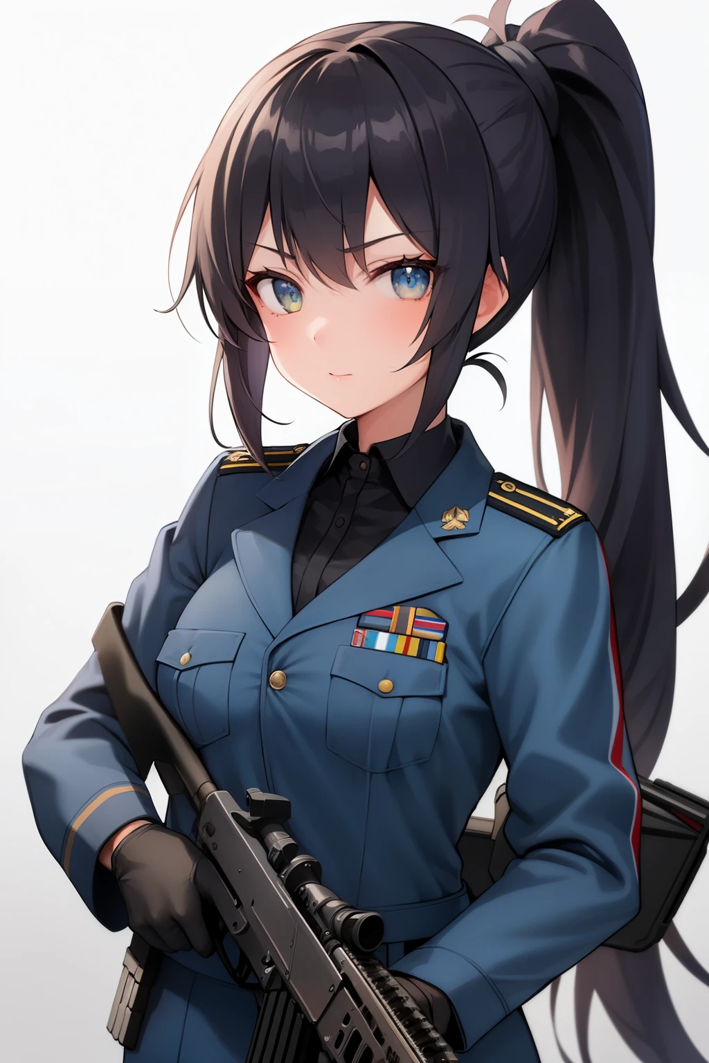 1girl, folded_ponytail, gloves, gun, military, military_uniform, rifle, sky, solo, upper_body, weapon
looking at viewer, masterpiece, best quality,