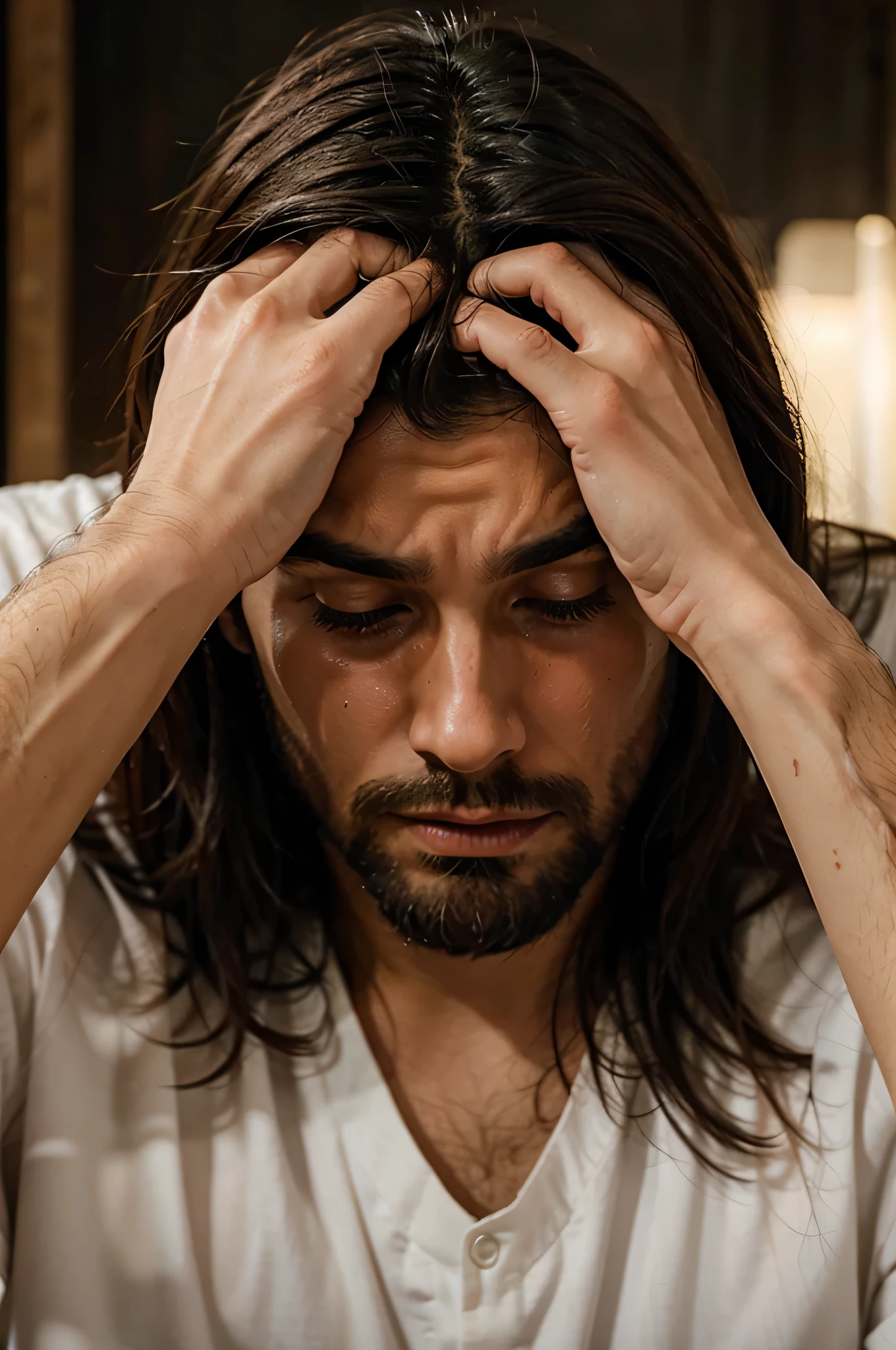 Jesus crying with his head down