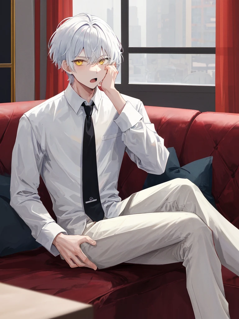 1boy, male focus, sitting, on couch, couch, crossed legs, hand on own face, white shirt, shirt, black pants, pants, necktie, indoors, solo, looking at viewer, open mouth, white hair, yellow eyes,  short hair, best quality, amazing quality, best aesthetic, absurdres, year 2023