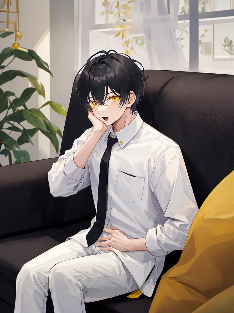 1boy, male focus, sitting, on couch, couch, crossed legs, hand on own face, white shirt, shirt, black pants, pants, necktie, indoors, solo, looking at viewer, open mouth, white hair, yellow eyes,  short hair, best quality, amazing quality, best aesthetic, absurdres, year 2023