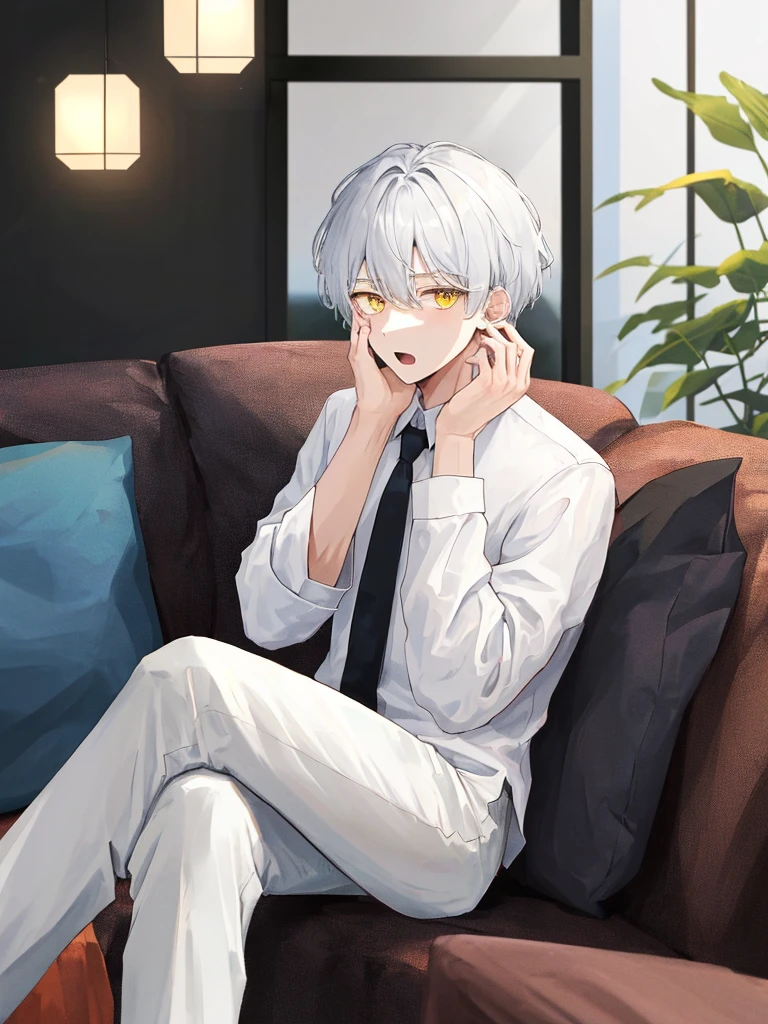 1boy, male focus, sitting, on couch, couch, crossed legs, hand on own face, white shirt, shirt, black pants, pants, necktie, indoors, solo, looking at viewer, open mouth, white hair, yellow eyes,  short hair, best quality, amazing quality, best aesthetic, absurdres, year 2023
