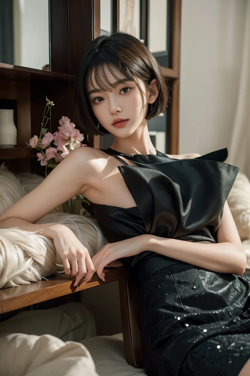 (Best quality, 8k, 32k, Masterpiece, UHD:1.2) "Generate a captivating artwork featuring a young Japanese girl model with short, sleek black hair styled in a chic bob haircut. Envision her bathed in dramatic cinematic lighting, creating an atmosphere of allure and mystery. Emphasize a romantic aesthetic vibe, showcasing the model in a poised and elegant pose that evokes a sense of intimacy and sophistication. Utilize warm and soft tones to enhance the romantic ambiance, and consider incorporating elements like flowing fabrics or flowers to add a touch of ethereal beauty. Capture the essence of romance and beauty through the model's expression, the play of light and shadows, and the overall aesthetic, creating a visually compelling and emotionally resonant piece." (perfect eyes), flawless skin, flawless face, cinematic, tight body, ((well-proportion female hands)), ((female hands with five digits)) ((Body is well proportioned)), ((chic bob haircut))