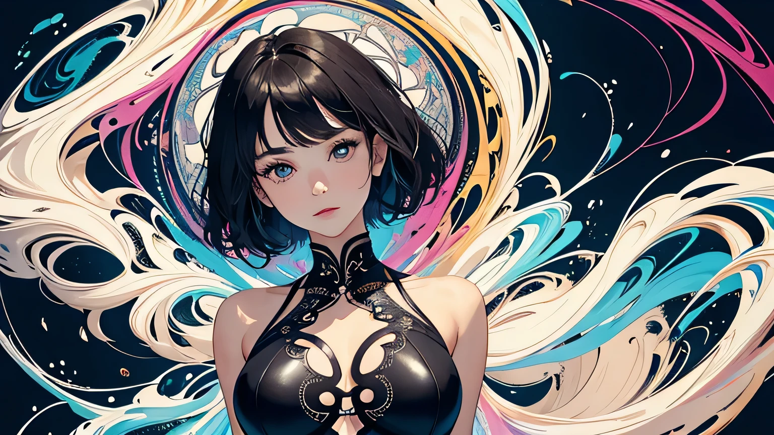 official art, unity 8k wallpaper, ultra detailed, beautiful and aesthetic, masterpiece, best quality, (zentangle, mandala, tangle, entangle), (fractal art:1.3) , 1girl, extremely detailed, dynamic angle, cowboyshot, the most beautiful form of chaos, elegant, a brutalist designed, vivid colours, romanticism, by james jean, roby dwi antono, ross tran, francis bacon, michal mraz, adrian ghenie, petra cortright, gerhard richter, takato yamamoto, ashley wood, atmospheric, ecstasy of musical notes, streaming musical notes visible,cool beauty,tall woman,short hair,black hair,Precisely expresses details such as face and skin texture,beautiful eye, double eyelid,delicate skin,slender body shape,alone,small breasts,