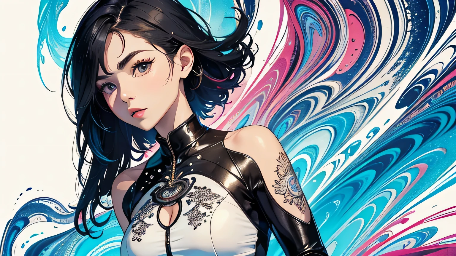 ((2 girls, tattoos, glowing tattoos, shiny eyes, white fluffy), (sci-fi), (Sexy topless), (black transparent dress-dress), (heel boots), (sexy, erotic))_( (Soft scarlet lips), (straight black hair - long, highlights, blue, cascading), (multi-colored shining hair), (cold shine, wet straight hair))_((Simple color palettes), (pastel colors, kawaii, cute colors, clean), (metaphysics-cyberpunk))_((Sexy, erotic), (simple, minimal accessories), (necklaces and thin rings in silver or gold), (simple bracelets, distinctive designs, simple silhouettes), (simple and erotic style))_((Background), (abstraction-minimalism), (fresh, color fill, wide stroke), (stunning cybernetic flowers), (lilies, extremely unusual, long stems - large stems))