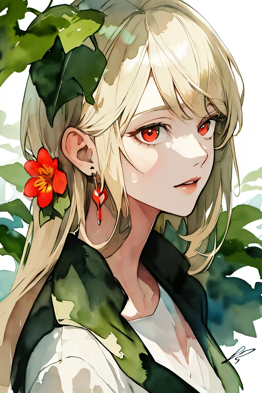 (watercolor:1.2),1girl, solo, flower, portrait, leaf, bangs, signature, blonde, long hair, red eyes, flower earrings