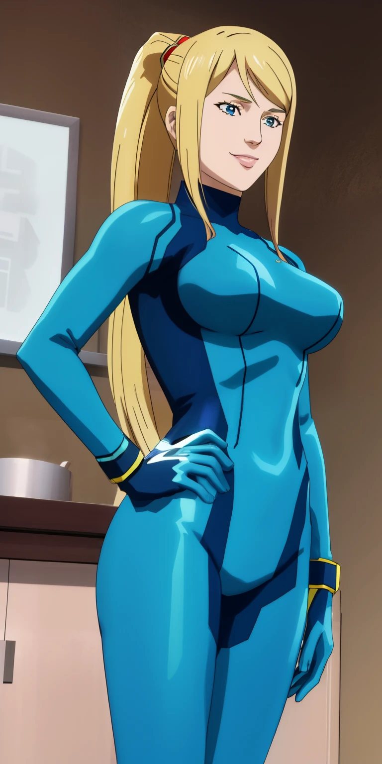 Masterpiece, best quality, a woman, solo, seductive smile, blue zero suit, SSB4Samus, ponytail, tall female zero suit, blue bodysuit, samus aran, blonde hair, huge breasts, hand on hips, anime style, anime screencap, 2010s_\(style\), invincible
