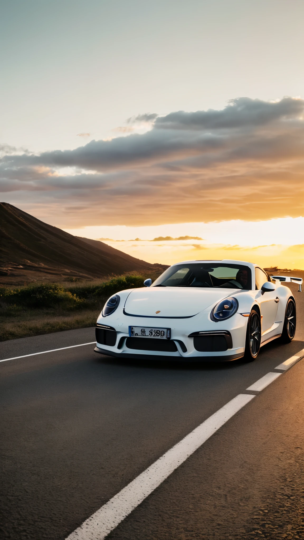 arafed white sports car driving down a road at dusk, a picture by Austin English, unsplash, photorealism, porsche gt 3 in hawaii city, car photography, porche, wallpaper mobile, auto photography, vehicle photography, automotive photography, in the sunset, wallpaper - 1 0 2 4, porsche, high quality wallpaper, porsche 9 1 1, wallpaper background