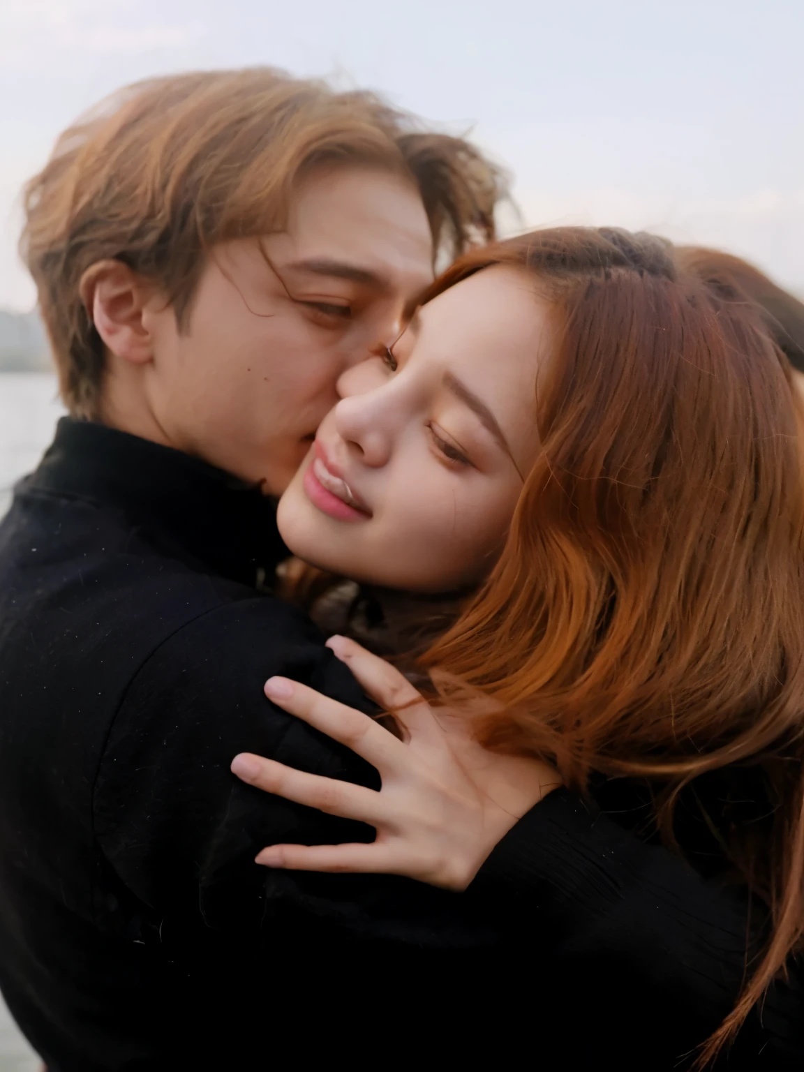 There's a man and a woman hugging each other by the water, Jungkook from BTS and Jennie from Blackpink are in love, remasterizado digitalmente, high quality movie still, ulzzang, Fotograma de Riverdale, un fotograma de un feliz, movie movie still