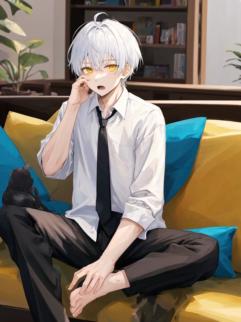 1boy, male focus, sitting, on couch, couch, crossed legs, hand on own face, white shirt, shirt, black pants, pants, necktie, indoors, solo, looking at viewer, open mouth, white hair, yellow eyes,  short hair, best quality, amazing quality, best aesthetic, absurdres, year 2023