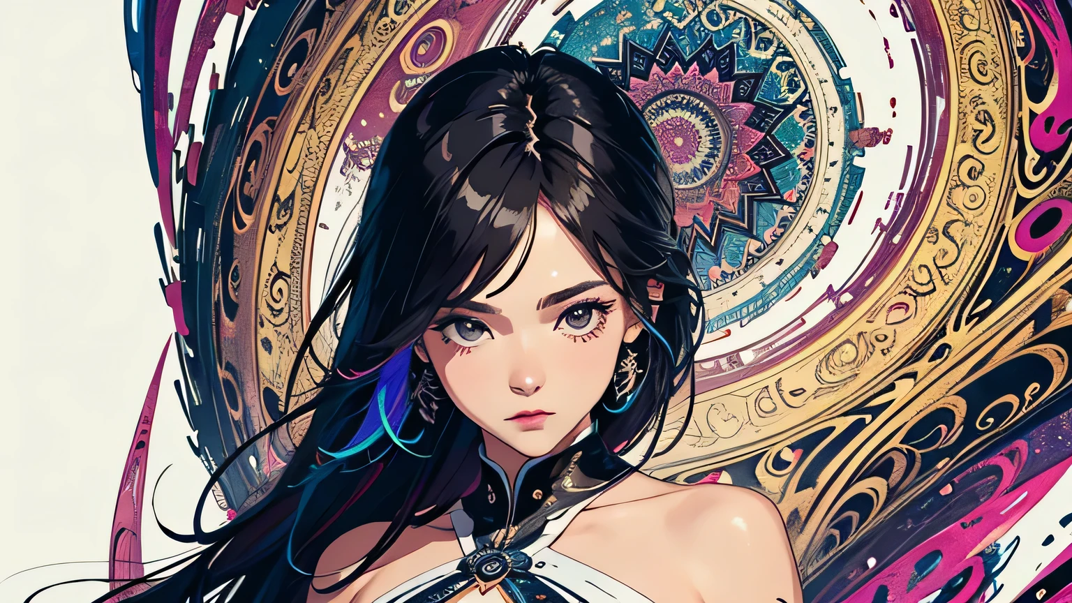 (masterpiece, top quality, best quality, official art, beautiful and aesthetic:1.2), (1girl:1.3, tight crop top leather suit), ((shy and looking at viewert)), (Perfect thick white eyebrows) Delicate fur, 详细s face, extremely detailed,(fractal art:1.2),colorful, highest detailed,(zentangle:1.2), (dynamic pose), (abstract background:1.5), (treditional dress:1.2), (shiny skin), (many colors:1.4), upper body