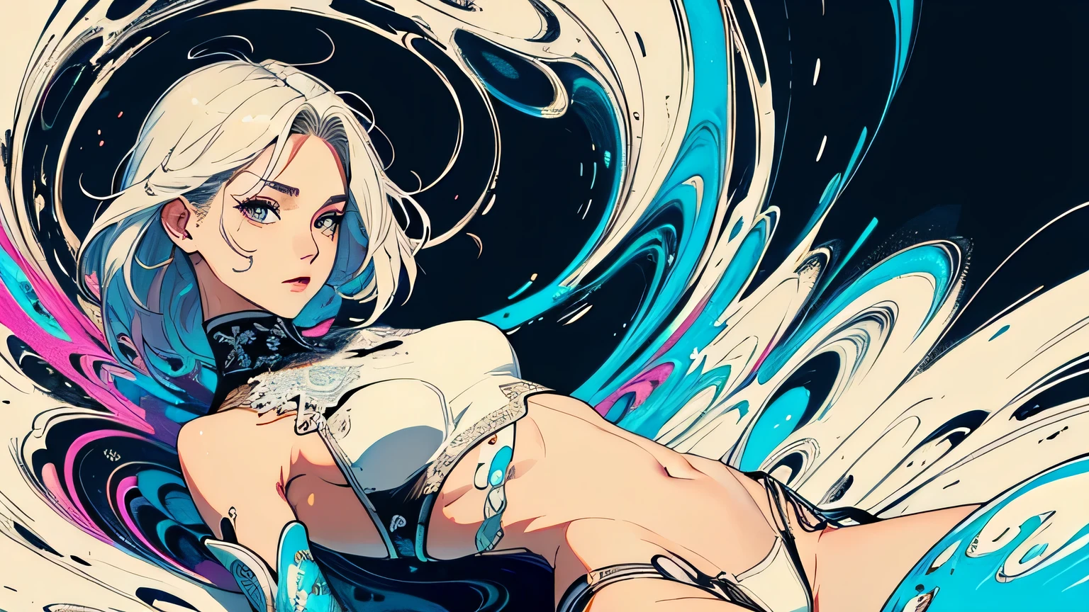 (masterpiece, top quality, best quality, official art, beautiful and aesthetic:1.2), (1girl:1.3, tight crop top leather suit), ((shy and looking at viewert)), (Perfect thick white eyebrows) Delicate fur, 详细s face, extremely detailed,(fractal art:1.2),colorful, highest detailed,(zentangle:1.2), (dynamic pose), (abstract background:1.5), (treditional dress:1.2), (shiny skin), (many colors:1.4), upper body