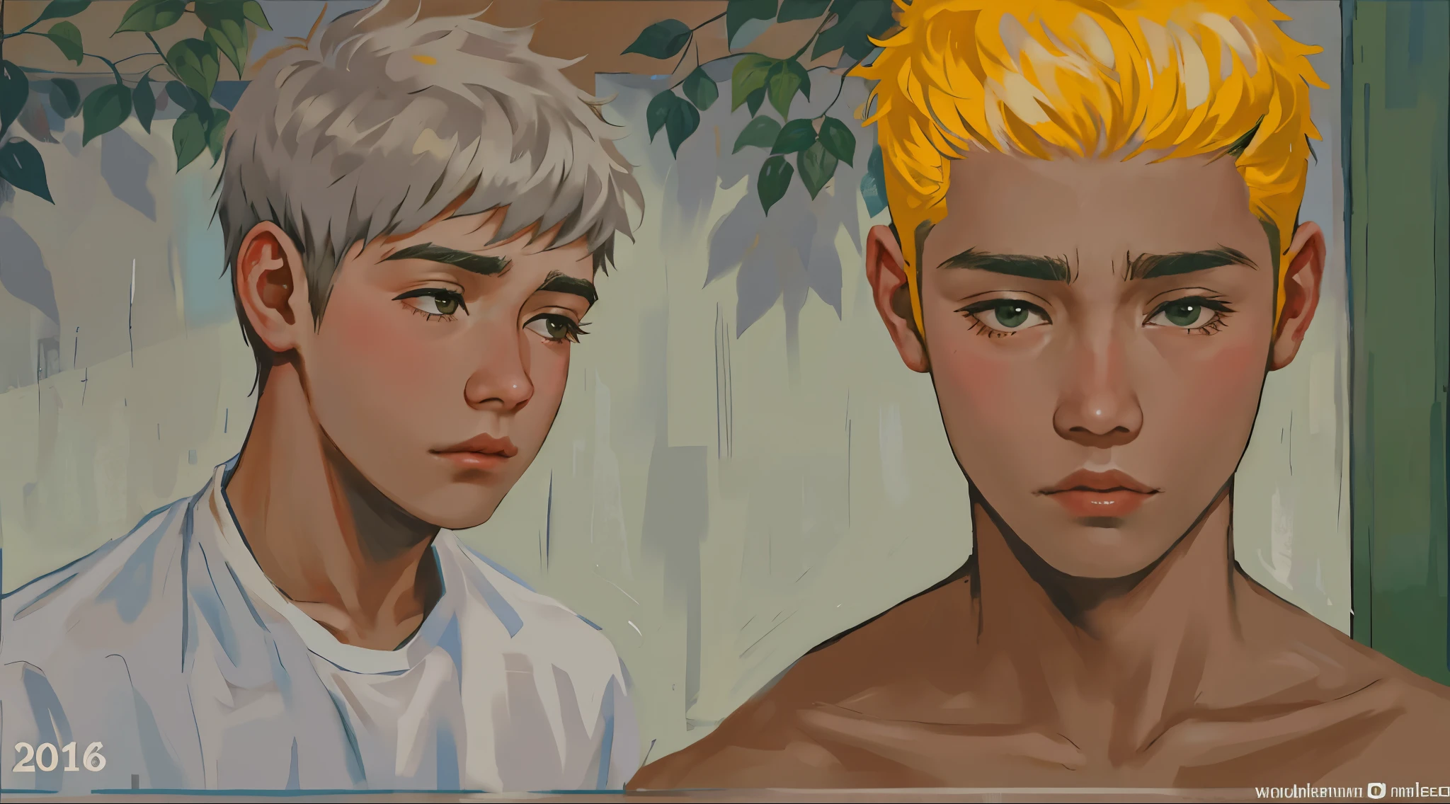 Close-up of two cute 16 year old men are sad. 