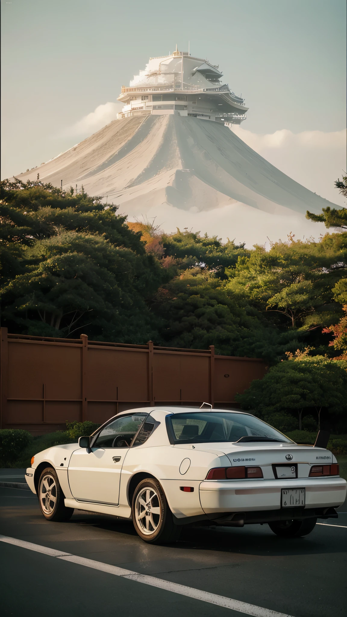 a white subaru rx7 car with a red sun in the background, japanese cartoon style, jdm, japanese art style, retro 9 0 s japanese, inspired by Josetsu, japan grungerock from colors, japanese inspired poster, inspired by Kanō Shōsenin, japanese inspiration, tokyo inspired, japanese heritage, 90s japan, japanese design, japan poster