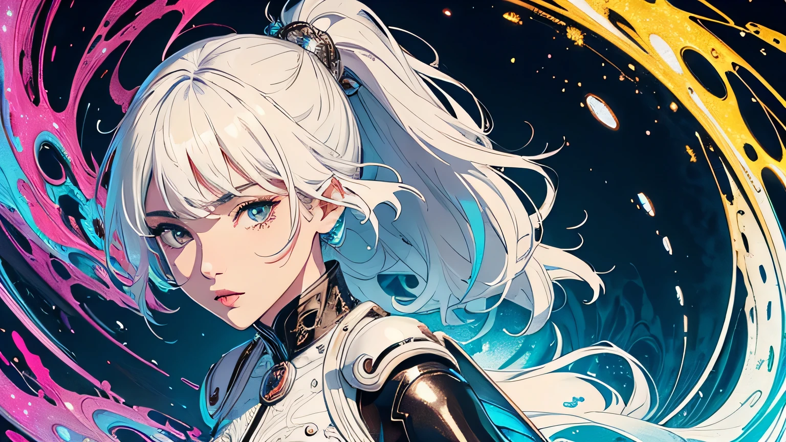 (masterpiece, top quality, best quality, official art, beautiful and aesthetic:1.2), (1girl:1.3, tight crop top leather suit), ((shy and looking at viewert)), (Perfect thick white eyebrows) Delicate fur, 详细s face, extremely detailed,(fractal art:1.2),colorful, highest detailed,(zentangle:1.2), (dynamic pose), (abstract background:1.5), (treditional dress:1.2), (shiny skin), (many colors:1.4), upper body