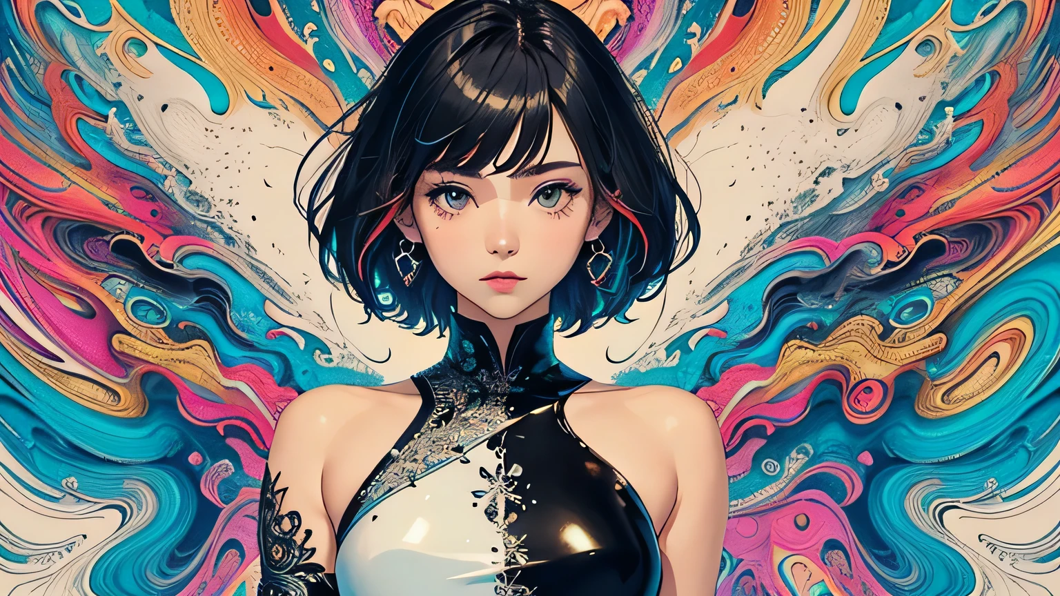 (masterpiece, top quality, best quality, official art, beautiful and aesthetic:1.2), (1girl:1.3, tight crop top leather suit), ((shy and looking at viewert)), (Perfect thick white eyebrows) Delicate fur, 详细s face, extremely detailed,(fractal art:1.2),colorful, highest detailed,(zentangle:1.2), (dynamic pose), (abstract background:1.5), (treditional dress:1.2), (shiny skin), (many colors:1.4), upper body