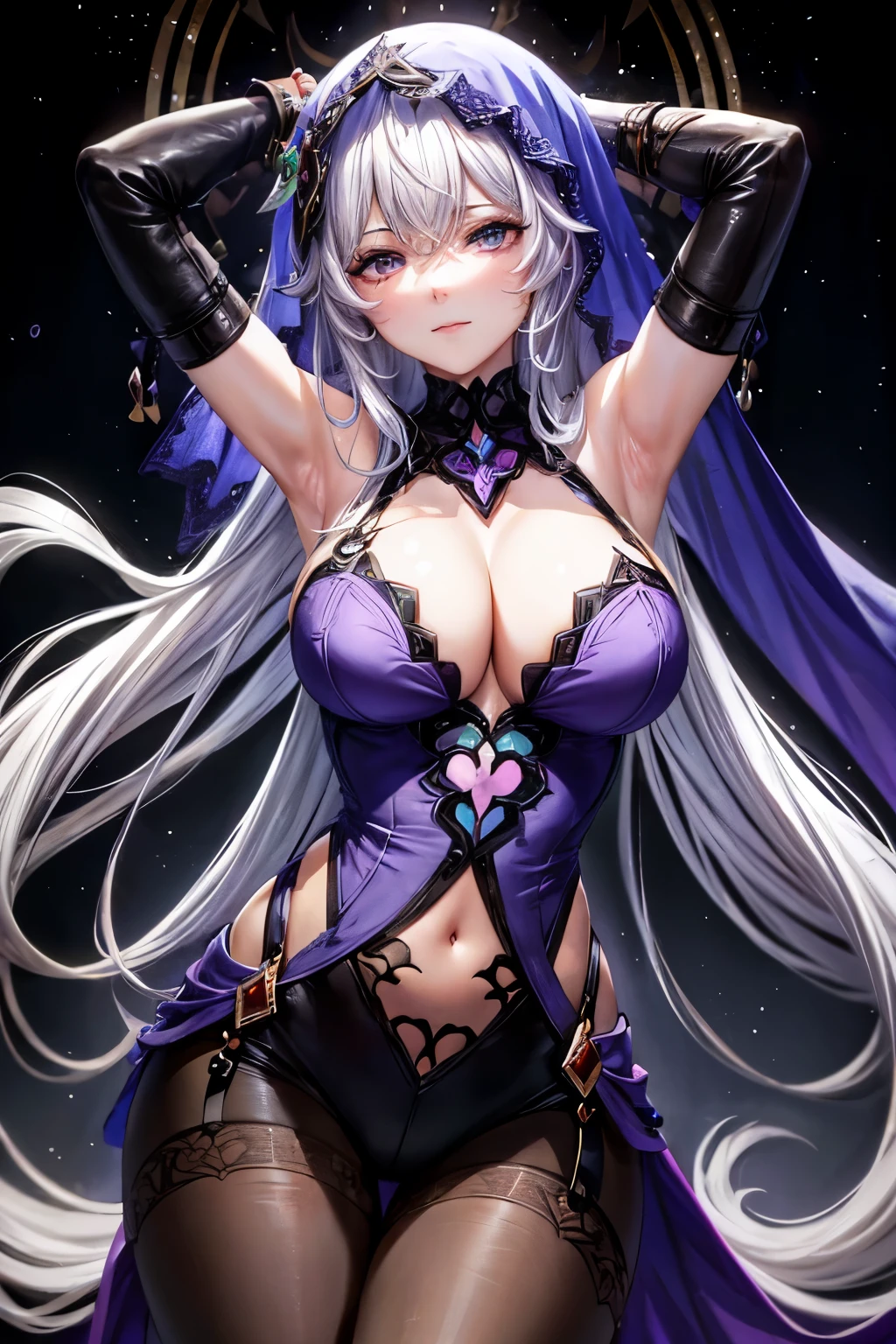 (masterpiece), best quality, (expressive eyes,detailed eyes1:1), perfect face,armpit,(silver hair),smirk,black swan, hair between eyes, long hair, (purple eyes:1.1), very long hair, white hair,
arm belt, bare shoulders, cleavage, covered navel, dress, elbow gloves, gloves, purple dress, sleeveless, sleeveless dress, veil,