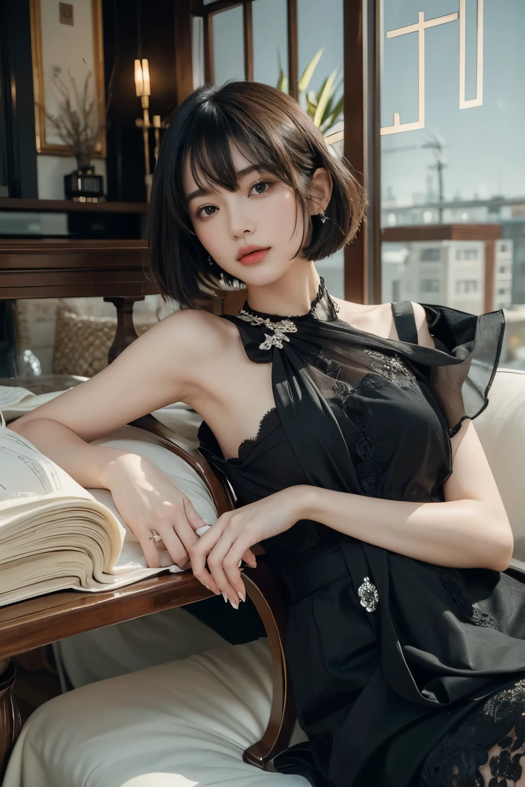 (Best quality, 8k, 32k, Masterpiece, UHD:1.2) "Generate a captivating artwork featuring a young Japanese girl model with short, sleek black hair styled in a chic bob haircut. Envision her bathed in dramatic cinematic lighting, creating an atmosphere of allure and mystery. Emphasize a romantic aesthetic vibe, showcasing the model in a poised and elegant pose that evokes a sense of intimacy and sophistication. Utilize warm and soft tones to enhance the romantic ambiance, and consider incorporating elements like flowing fabrics or flowers to add a touch of ethereal beauty. Capture the essence of romance and beauty through the model's expression, the play of light and shadows, and the overall aesthetic, creating a visually compelling and emotionally resonant piece." (perfect eyes), flawless skin, flawless face, cinematic, tight body, ((well-proportion female hands)), ((female hands with five digits)) ((Body is well proportioned)), ((chic bob haircut))
