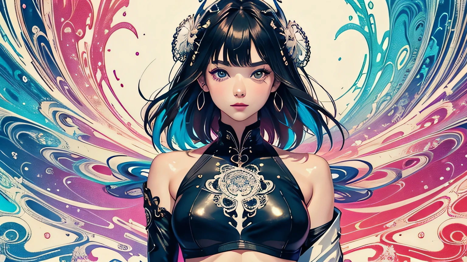 (masterpiece, top quality, best quality, official art, beautiful and aesthetic:1.2), (1girl:1.3, tight crop top leather suit), ((shy and looking at viewert)), (Perfect thick white eyebrows) Delicate fur, 详细s face, extremely detailed,(fractal art:1.2),colorful, highest detailed,(zentangle:1.2), (dynamic pose), (abstract background:1.5), (treditional dress:1.2), (shiny skin), (many colors:1.4), upper body