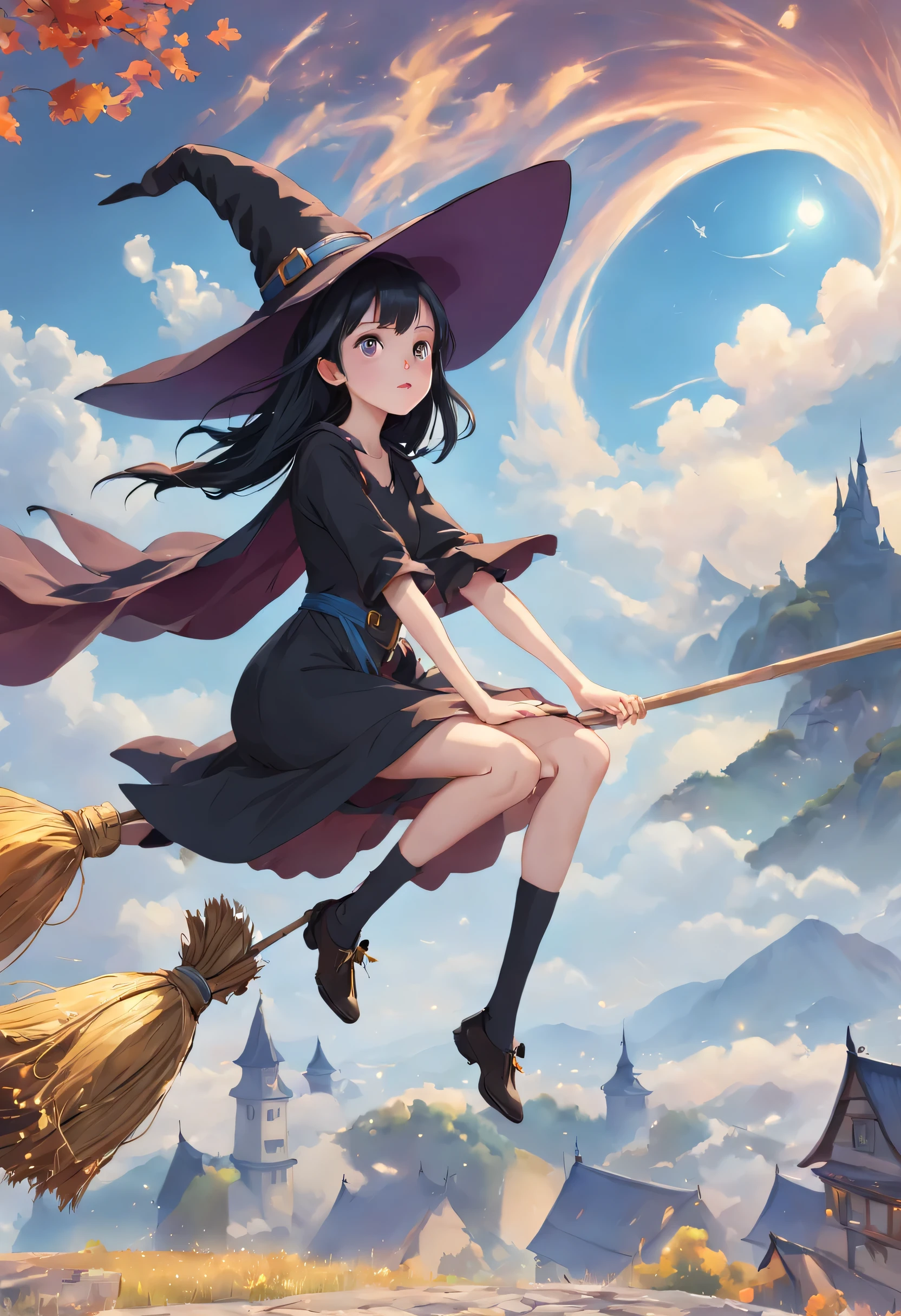 (masterpiece, highest quality:1.2),1 girl,perfect face,cute, ((((flying witch))),((Ride a broom)),broom flight,Straddling the broom,anatomically correct,masterpiece,highest quality,最高masterpiece,8K,,Wind,fantasy,,wonderful,, Mysterious, attractive, Whimsical, playful, adventurous, free, wonder, imagine, decide, skill, speed, movement, energy, realism, naturalistic, figurative, represent, beauty, fantasy culture, myth, fairy tale, folklore, Legend, witch, wizard, Magical creatures, fantasy worlds, composition, scale, Qianyoshi, midway point, background, perspective, light, color, texture, be familiar with, beauty, wonder.