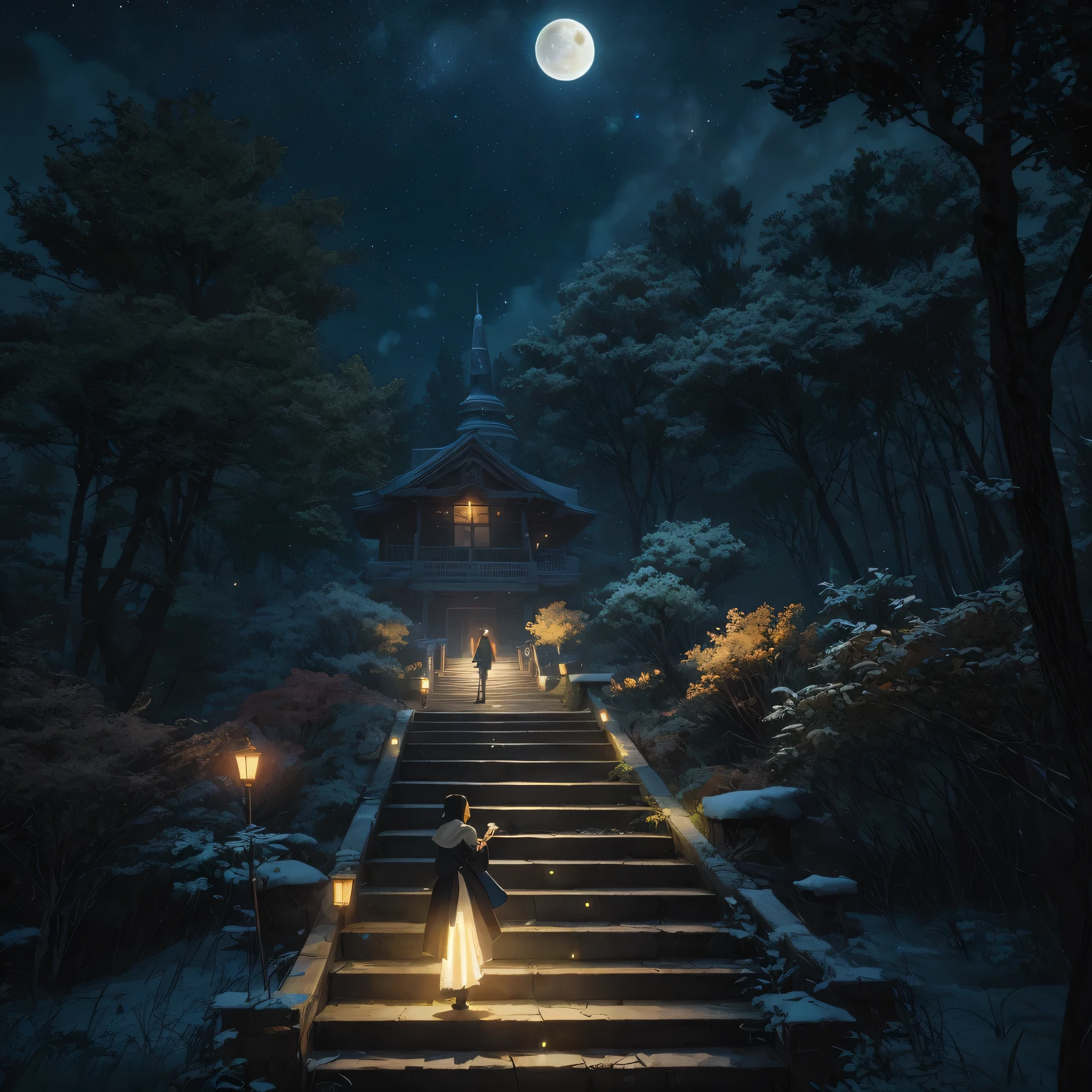 """gorgeous epic staircase made out of luminous stars at night!!! star staircase!!! staircase to the moon, trees", hyperdetailed intricate matte painting by Ismail Inceoglu, Erin Hanson, Gazelli, Hayao Miyazaki, Yoshitaka Amano, masterpiece, 8k resolution, trending on artstation, volumetric lighting, unreal engine, galaxy, gorgeous composition"