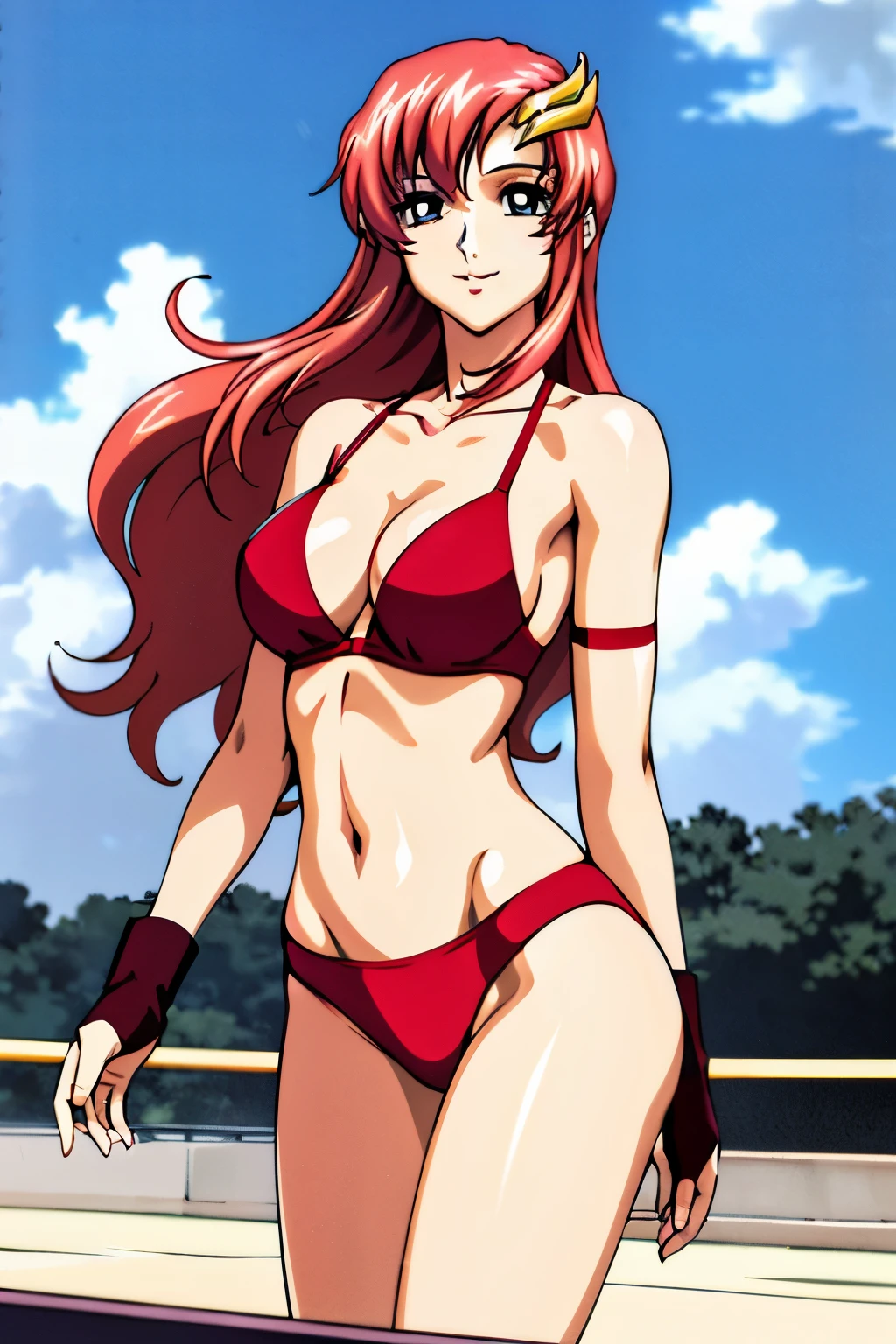lacus4, (triple red bikini, red boots, arm band, groin, short gloves), (masterpiece, laying on floor, holding her navel, very slim shoulders, 4K, Best Quality, Anime style: 1.9, happy, Adult Woman, (ultra detailed head), (arena, cloud background), Drawing lines, high resolution, lacus4), 1girl, Solo, curvy figure, Long hair, 鎖骨, scapular, (Detailed wide hair bangs, Hair Ornament, Detailed reddish-pink hair, shiny streaks, slim arms, detailed golden crest), , large hands, (hair cover shoulders). (Big blue eyes, shiny eyes), ((female wrestler, (slim body), standing, slim arms)), ((perfect proportions, medium breasts,elly)), ((totally red bra, neck band,))), smile, (standing, hot colors), detailed fingers, (bare shoulders)