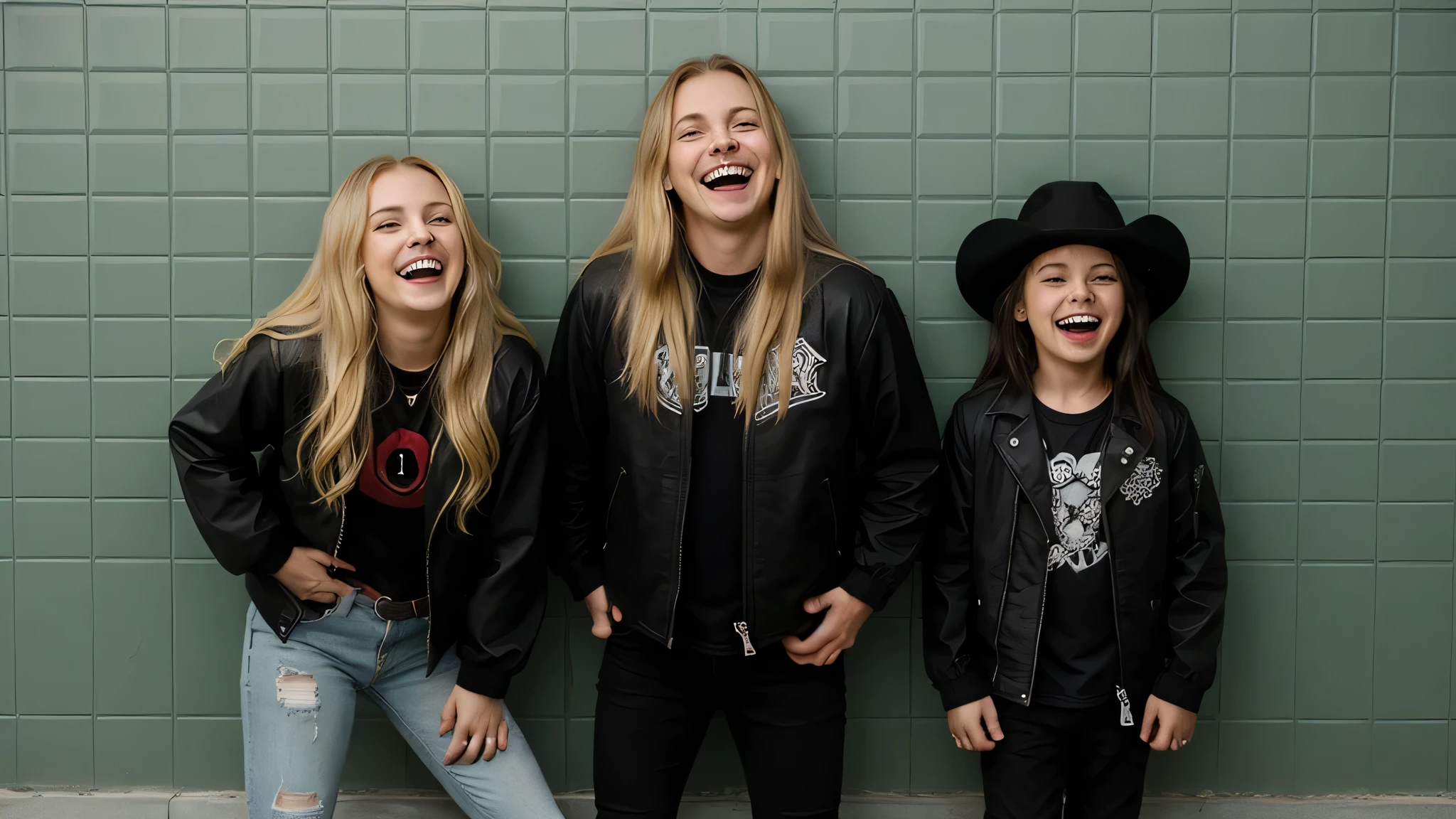 background green tiles, KIDS GIRL BLONDE long hair black jacket, evil crazy laugh, kickstart my heart, poison apples