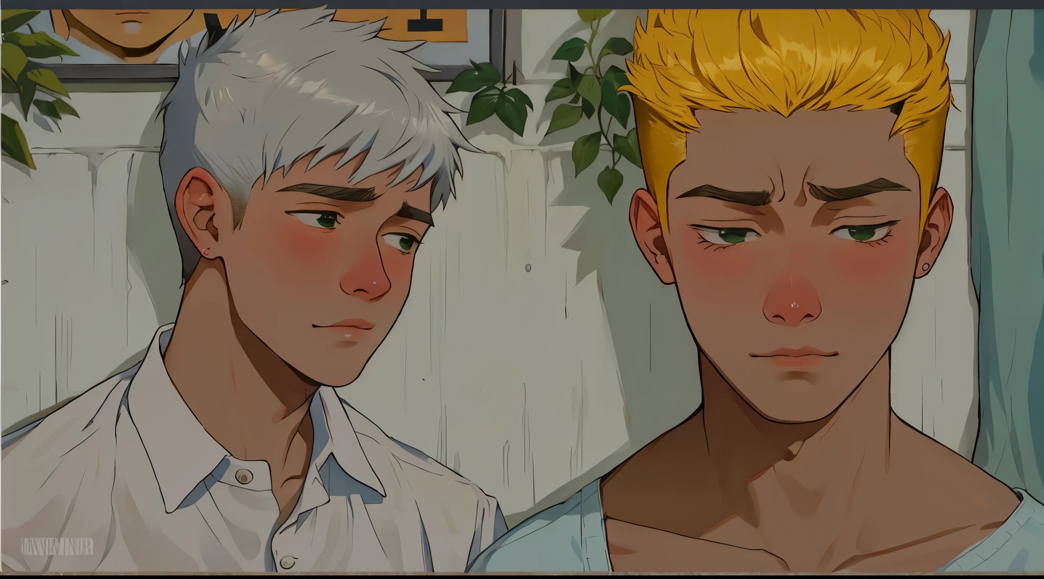 Close-up of two cute 16 year old men are sad.