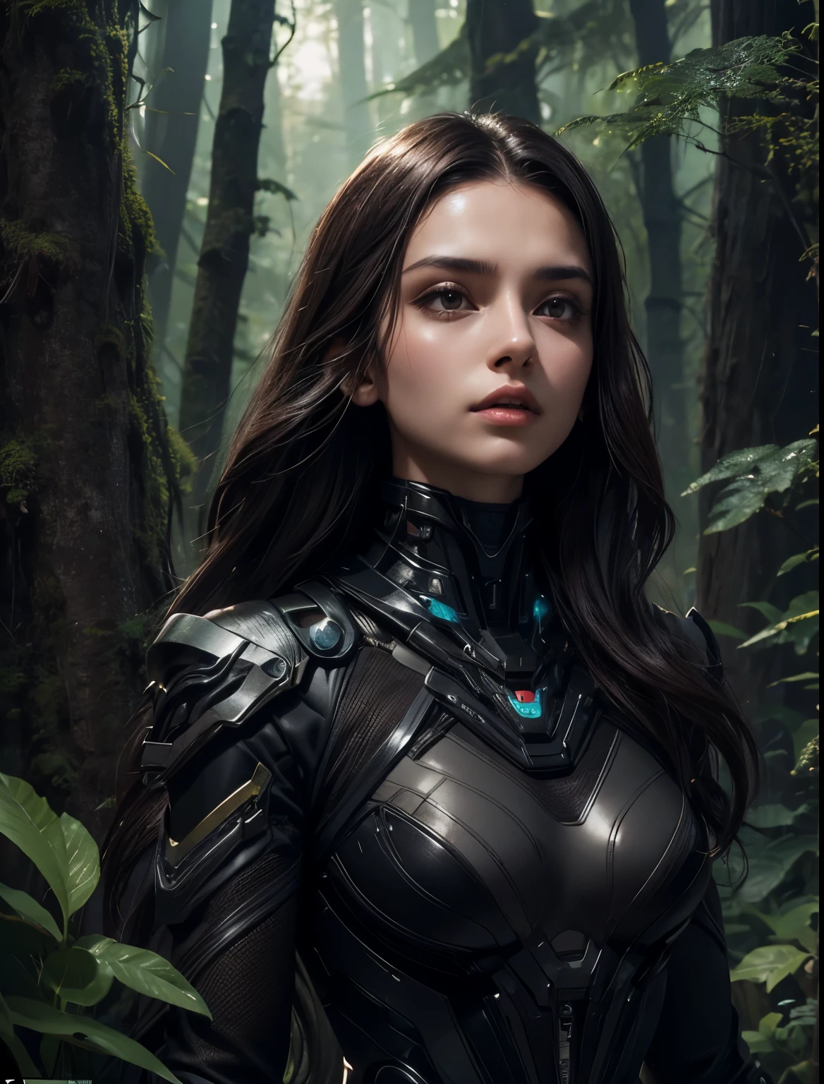 A beautiful woman. Twenty years old. Dark brown hair. A tense expression. She wears futuristic, skin-tight clothing in metallic black. She lives in a forest where primeval forest grows.